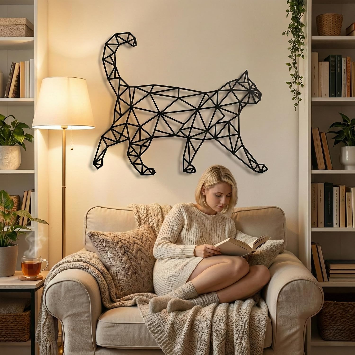DEKADRON Metal Cat Art, Metal Wall Art, Geometric Cat Decor, Wall Silhouette, Metal Wall Decor, Home Decoration, Living Room Decor (24" W x 19" H / 60x48 cm)