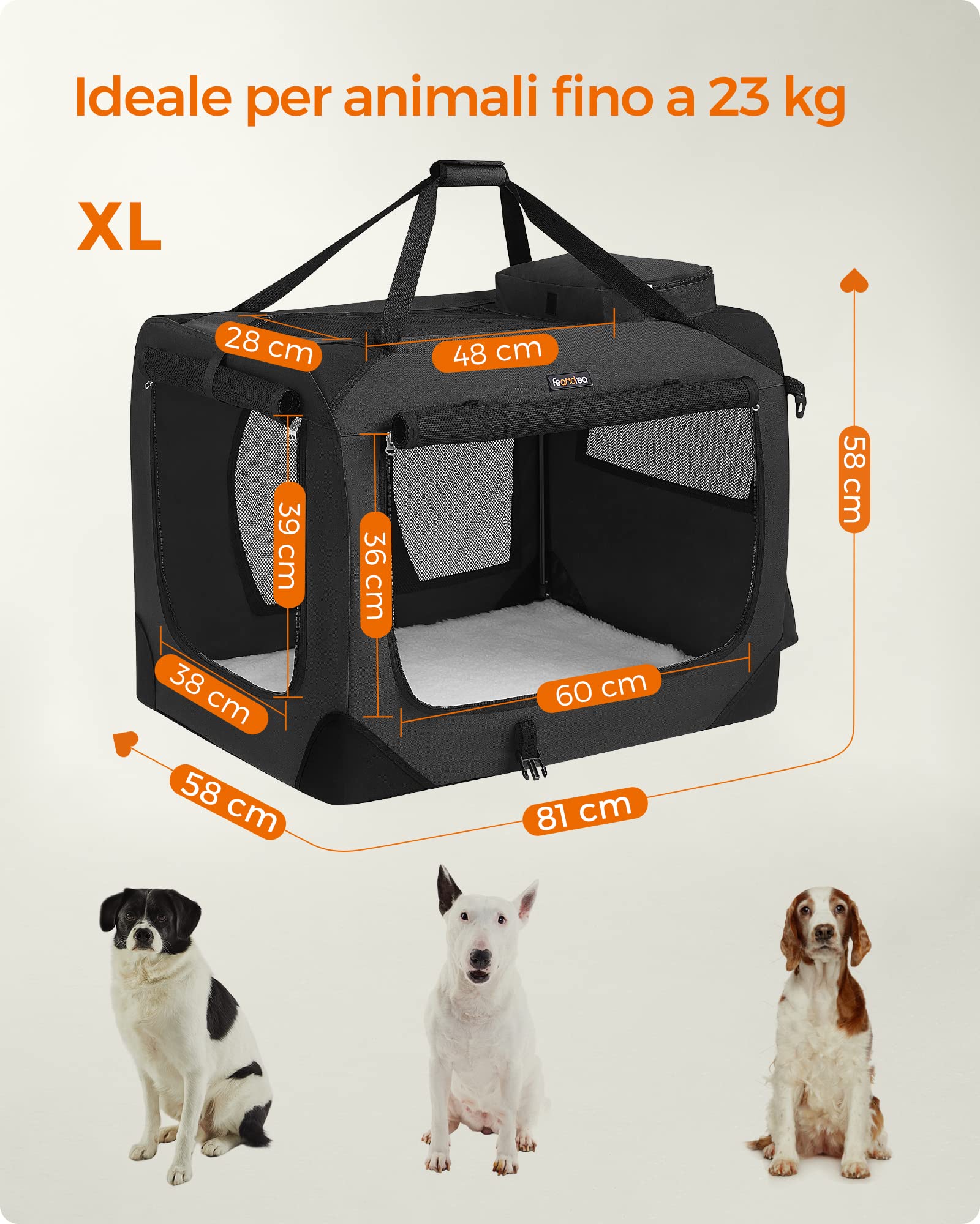 FEANDREA Trasportino per Cani, Gabbia Pieghevole per Animali Domestici, Taglia XL, Tessuto Oxford e Maglia, Traspirante, Portatile, Struttura in Metallo, con Manici e Tasche, 81 x 58 x 58 cm, Nero PDC80H