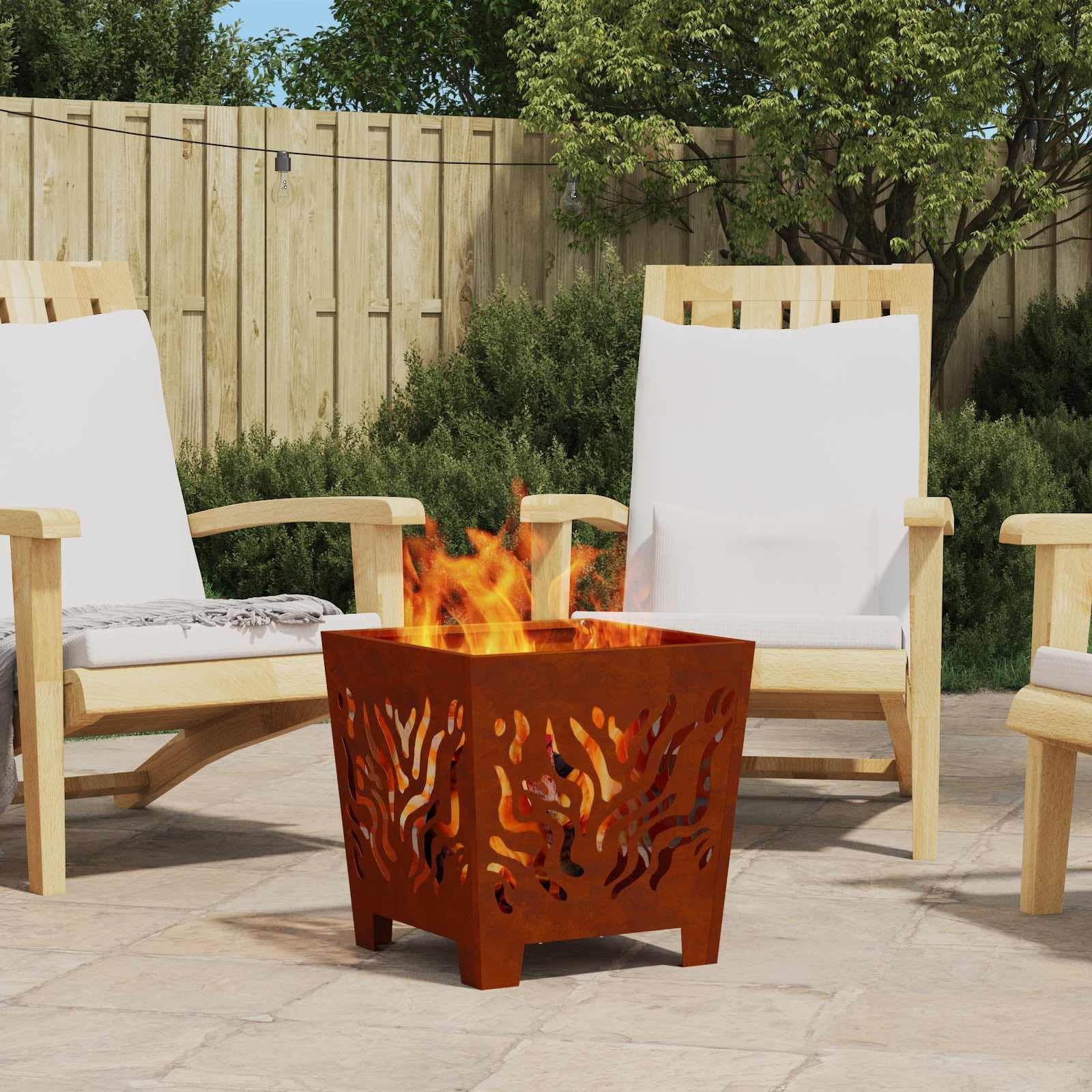 LoogCape Brown Fire Pit, 40 x 40 x 40 cm, Weatherproof Steel for Garden, Patio, Balcony, Outdoor Heater with High Temperature Resistance and Stylish Design for Cosy Evenings Outdoors