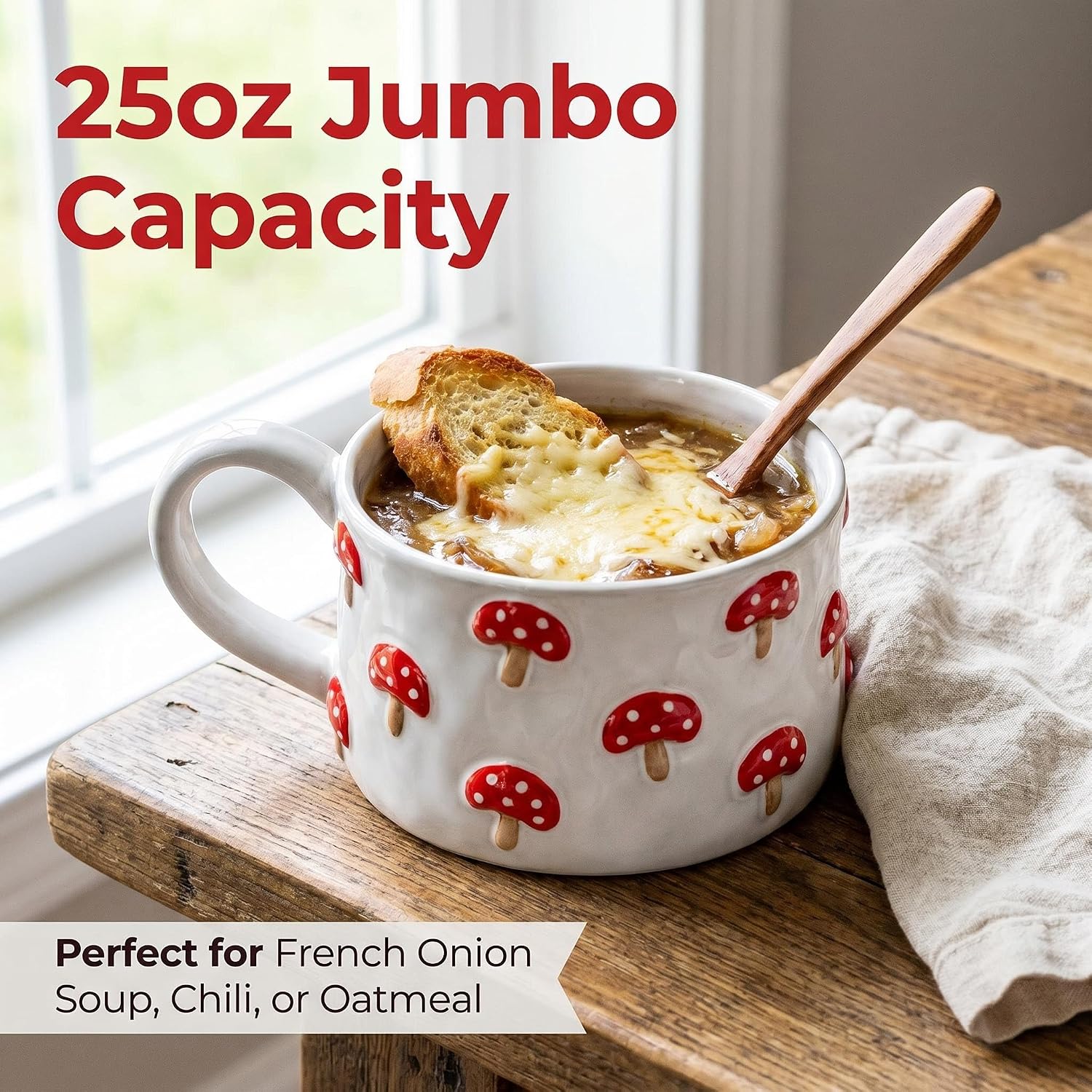 25 oz Mushroom Ceramic Soup Bowl Mug with Handle for Cereal, Latte, Soup