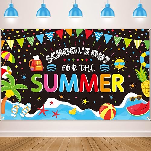Fondo temático de fin de año escolar para niños, clase de verano, fin de escuela, cartel temático para playa tropical, piscina, fiesta de