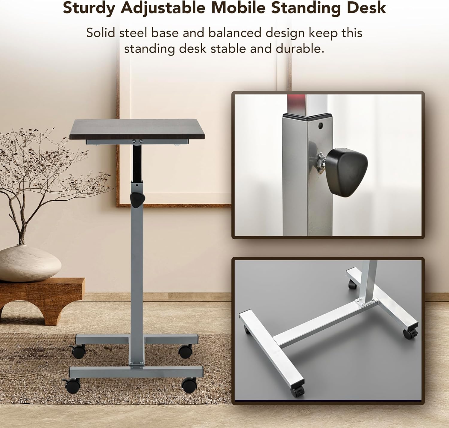 Displays By Jack Adjustable Height Rolling Laptop Desk, Silver Mobile Sit Stand Computer Table on Wheels – 24 x 15 in Portable Workstation for Home Office, Study Room, Classroom