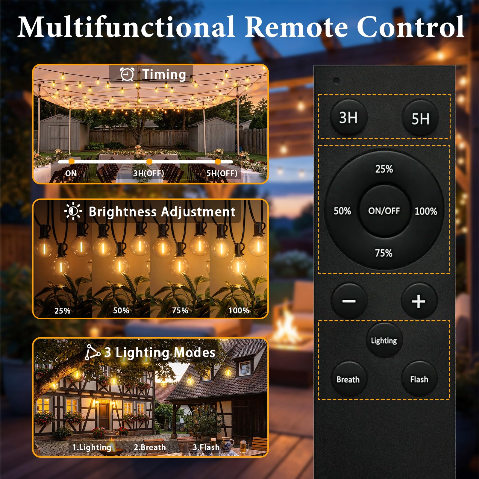 Guirnalda de luces LED para exteriores 30m, 70+4 G40 bombillas, guirnalda de luces con temporizador, IP44 impermeable, iluminación de balcón para jardín, terraza, Navidad, blanco cálido