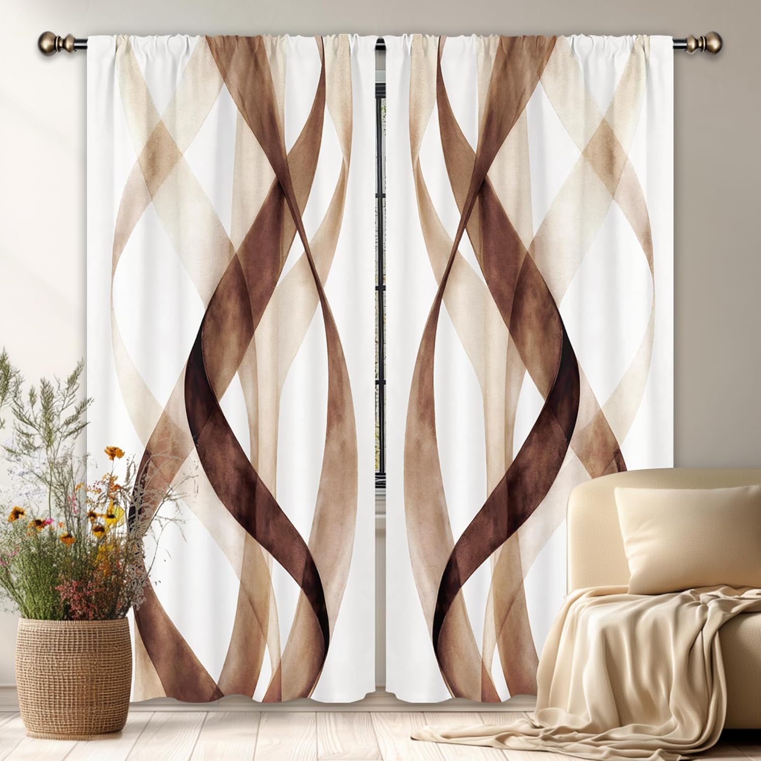 LIGHTINHOME Brown Striped Curtains 42Wx63H Inch Modern Abstract Geometric Contemporary Tan Spiral Minimalist Simple Aesthetic Rod Pocket Bedroom Living Room Window Drapes Treatment Fabric 2 Panels