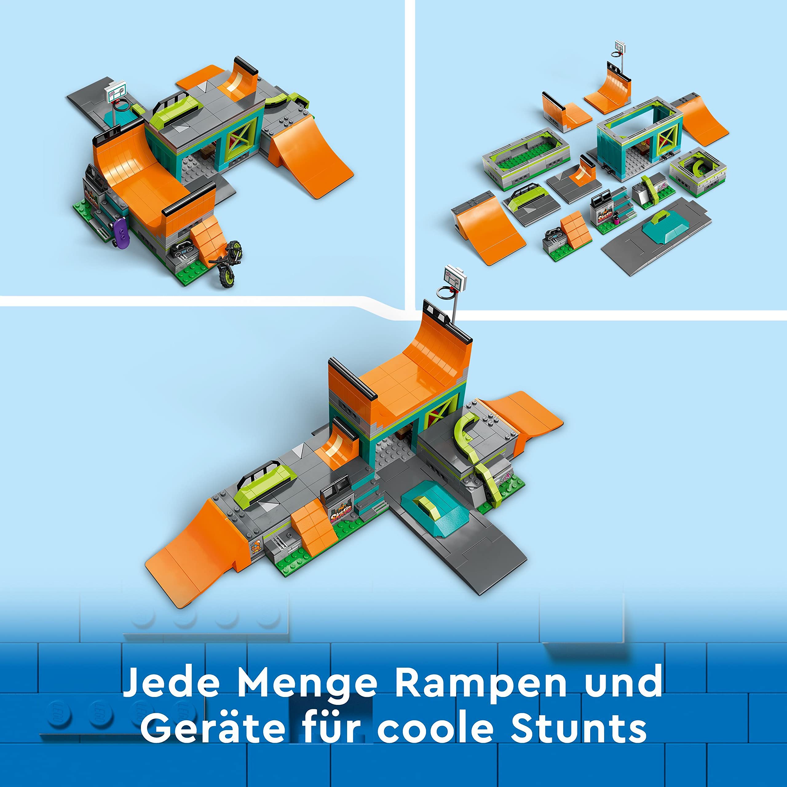 LEGO 60364 City Skaterpark, Spielzeug für Kinder ab 6 Jahren, mit BMX-Rad, Skateboard, Scooter, Inline-Skates und 4 Skater-Minifiguren zum Ausführen von Stunts, 2023 Set