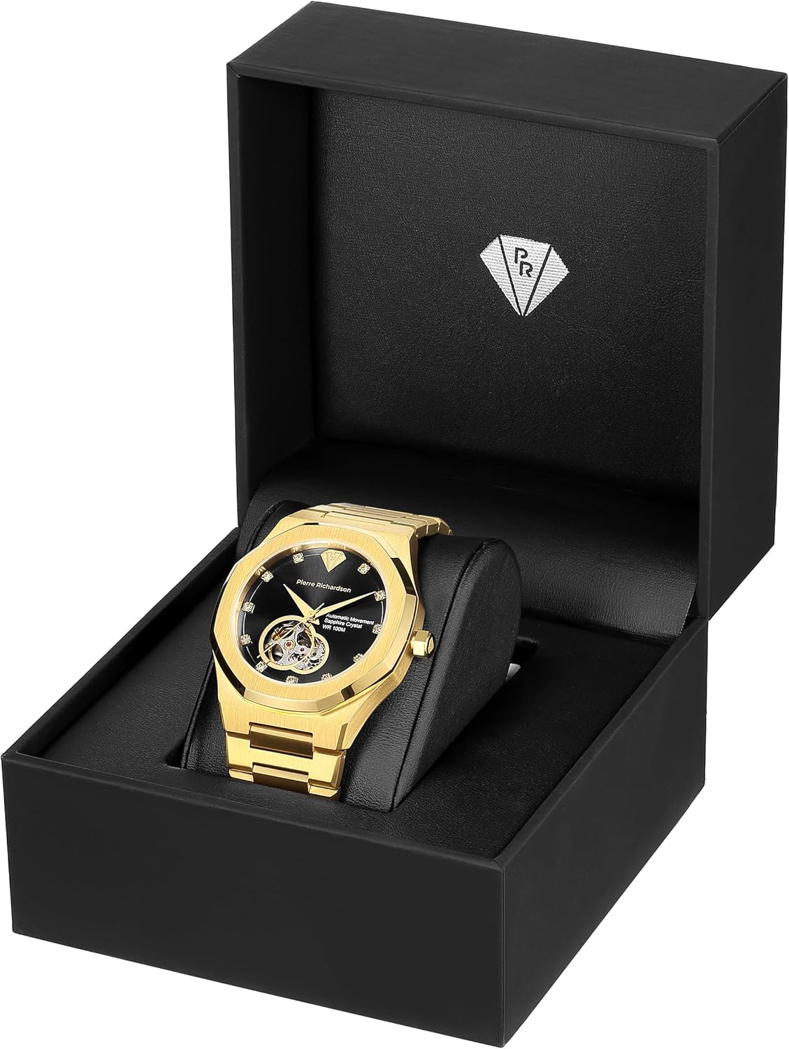 PIERRE RICHARDSON PR5922 Men’s Watch, Black Dial, 24K Pure Gold Plated, Automatic, Sapphire Glass, 41mm, 10ATM