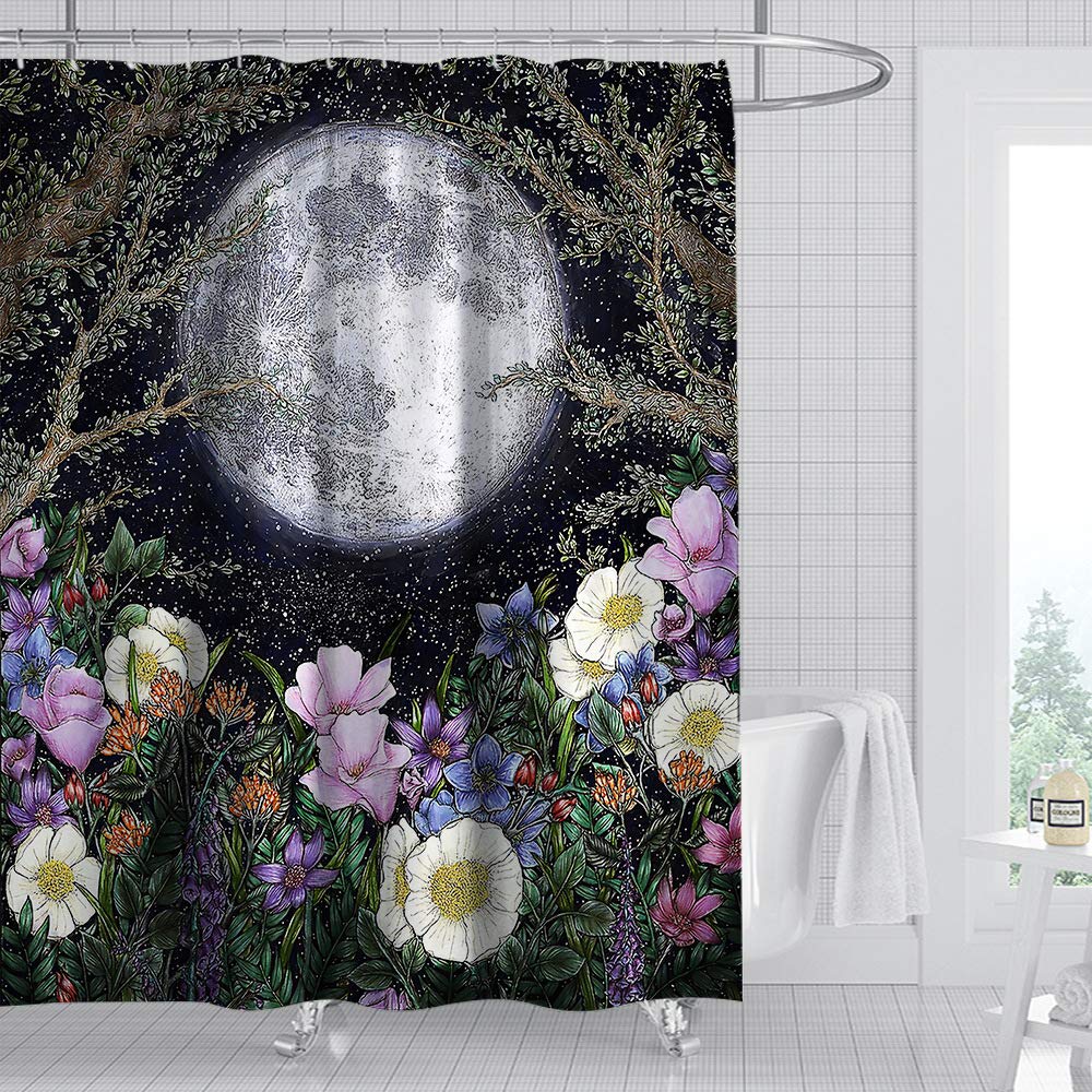 Floral Moon Shower Curtain Sets Colorful Flower Branches Leaf Washable Waterproof Bath Decor 72x72 inch with 12 Hooks Durable for Bathroom