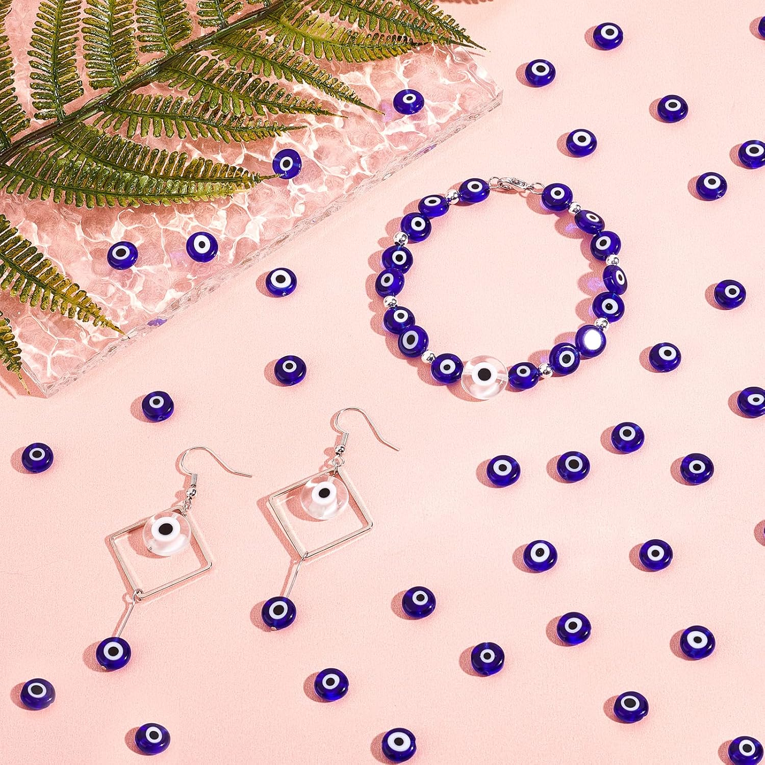 NBEADS 10 Strands (About 49pcs/Strand) Blue Handmade Evil Eye Lampwork Glass Beads Flat Round Spacer Loose Beads for Bracelet Necklace Jewelry Making
