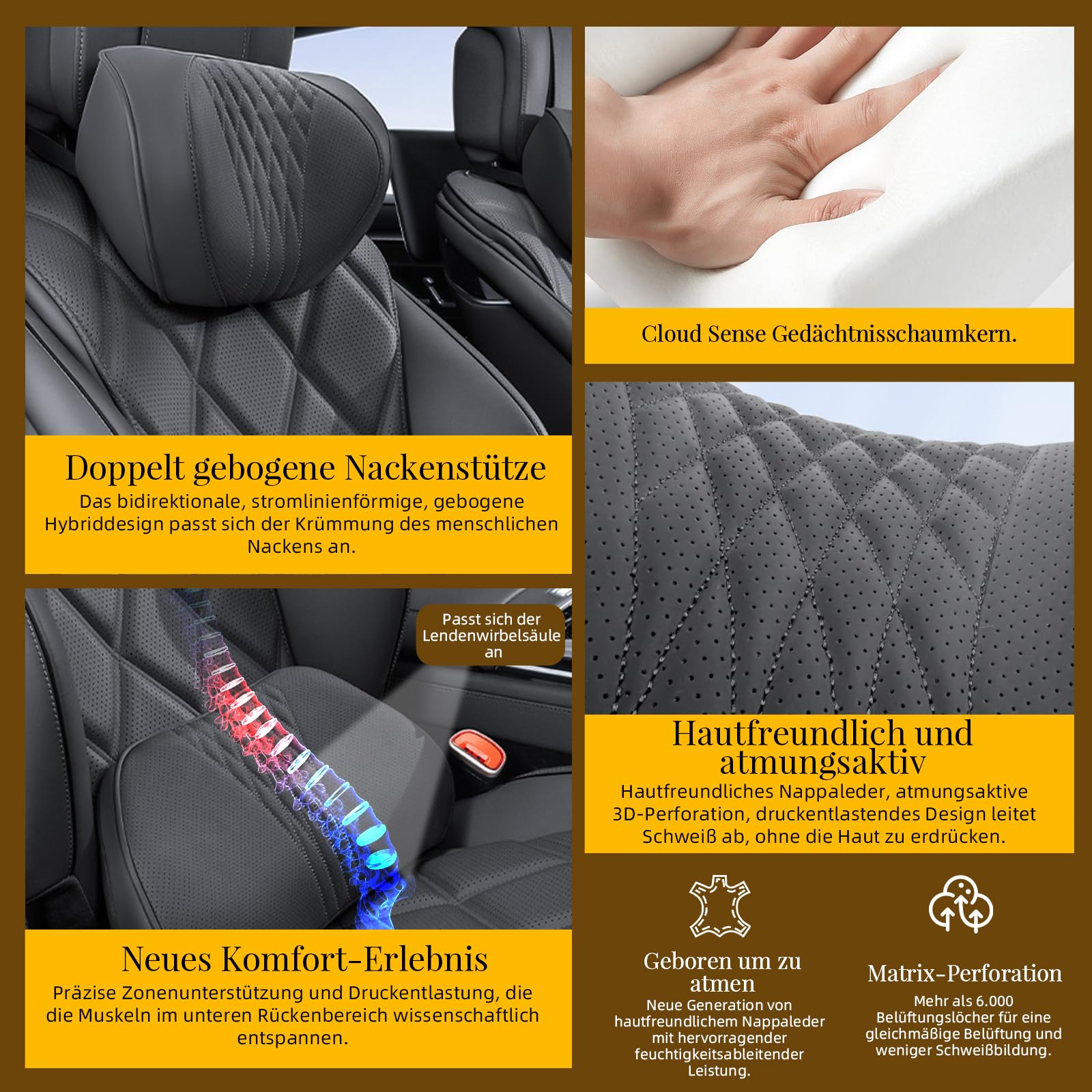 Auto Nackenkissen und Lendenkissen Set Memory Foam, Rückenkissen Auto Kopfstütze, Atmungsaktiv, Weich und Bequem für lindert Rückenschmerzen und Lordosenstütze (Schwarz)