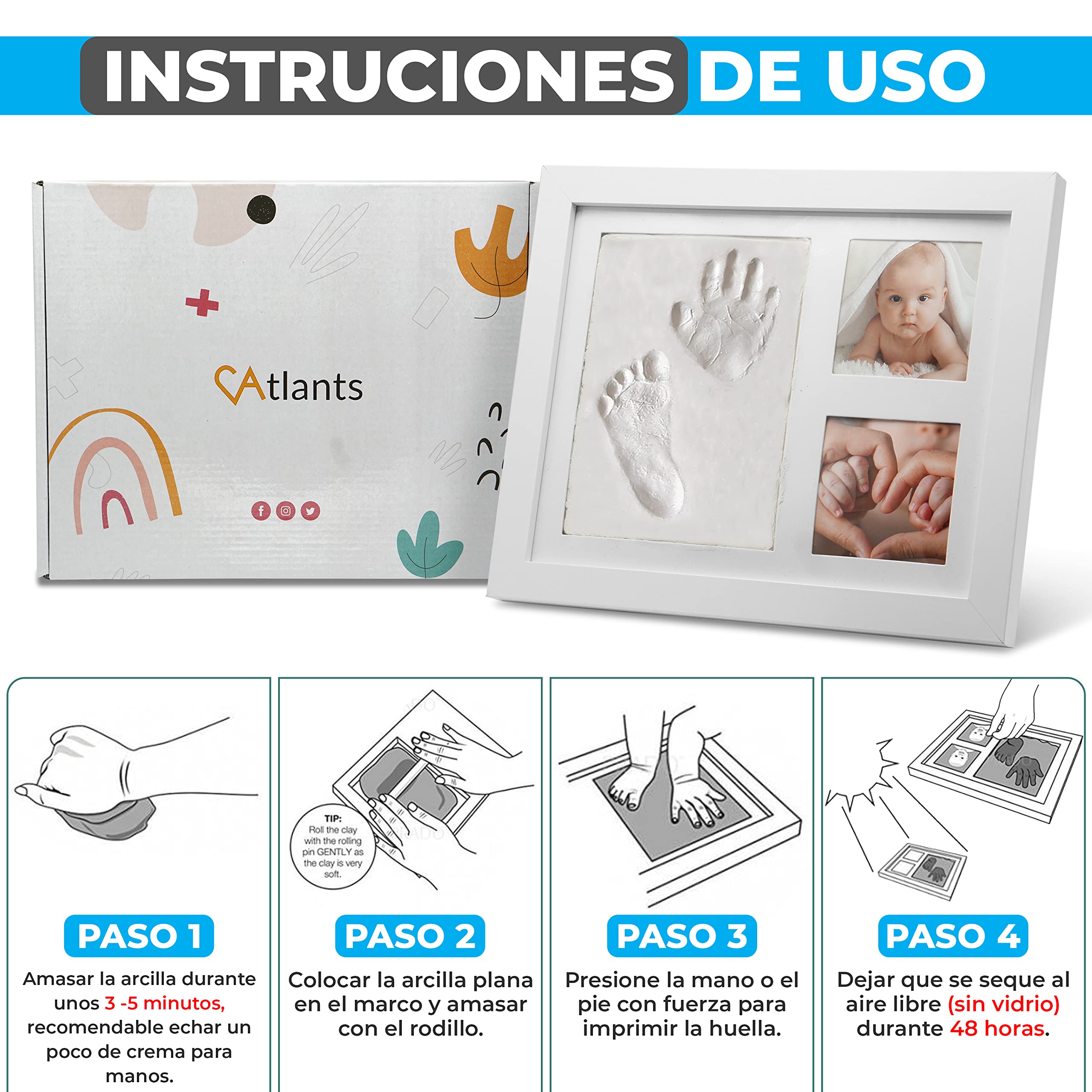 Atlants Marco de Huellas para Bebé, kit de arcilla segura y antigrietas, manos y pies, madera blanca premium, incluye rodillo, recuerdo original, regalo baby shower y mascotas
