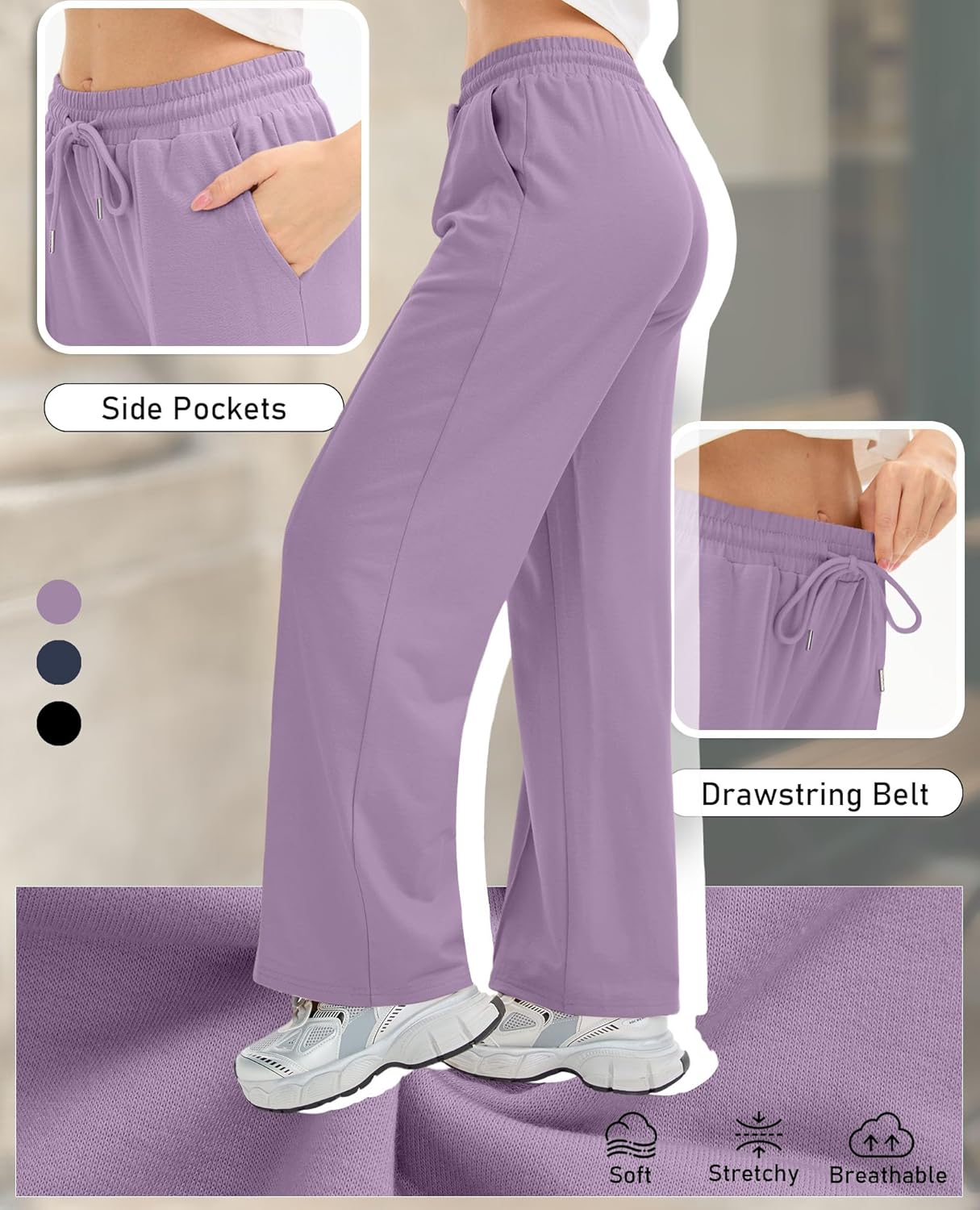 3 Pack Women's Wide Leg Lounge Pants High Waisted Baggy Sweatpants Drawstring Athletic Yoga Joggers with Pockets - Image 5