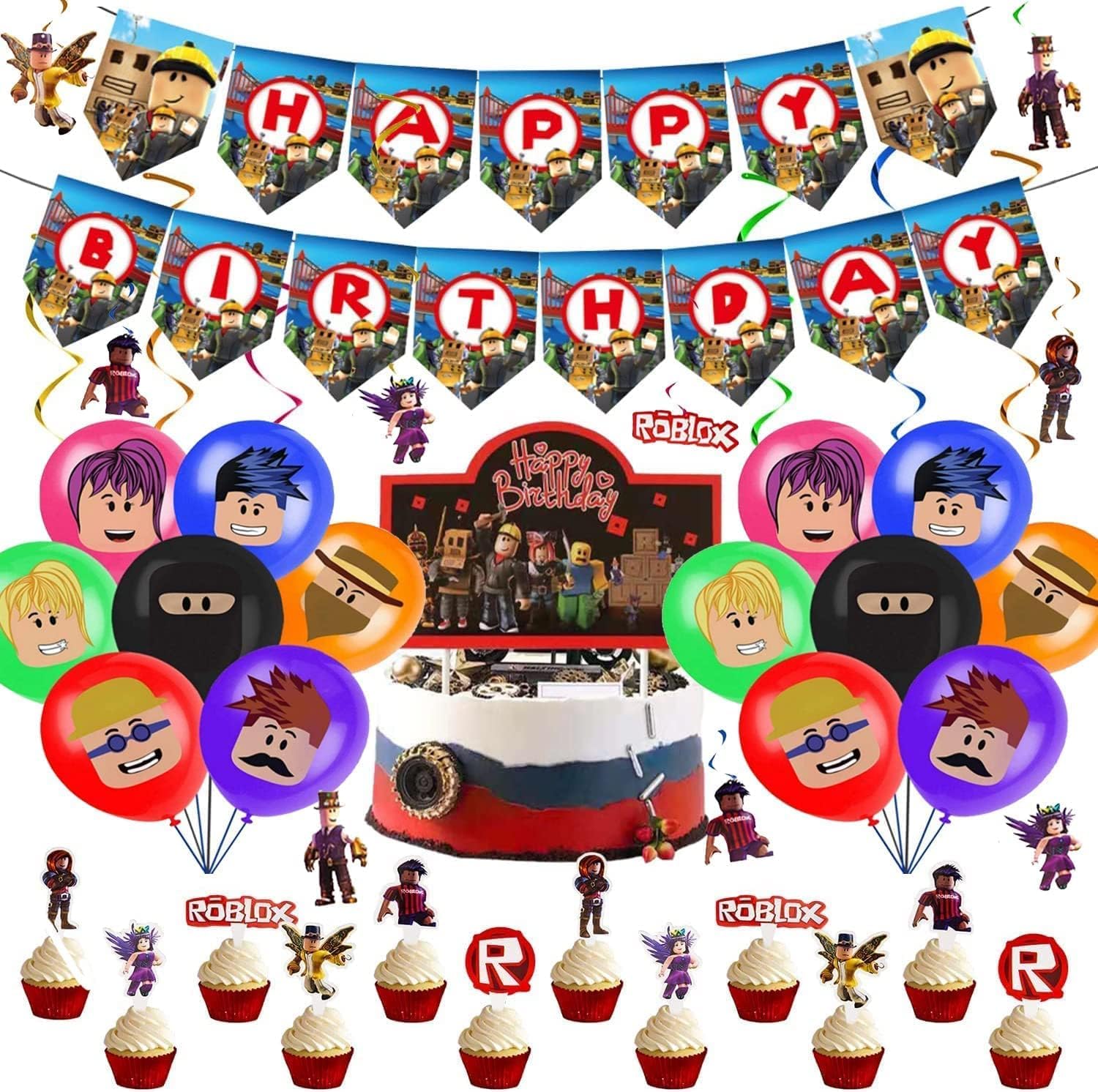 Game Party Supplies for Birthday Decorations – Robot Block Theme Party Supplies with Banner, Balloons, Cake Toppers, Cupcake Toppers – Perfect for Game Night, School Party, Birthday Party