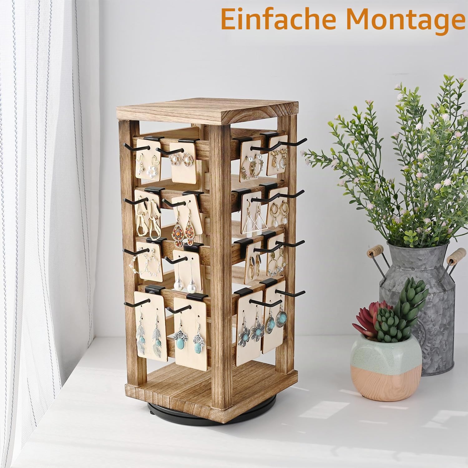 Ikee Design Schmuckaufbewahrung aus natürlichem Holz, drehbar, mit 42 Haken, Holz-Zubehör-Turm, Eichenfarbe, 19,1 cm B x 19,1 cm T x 39,9 cm H