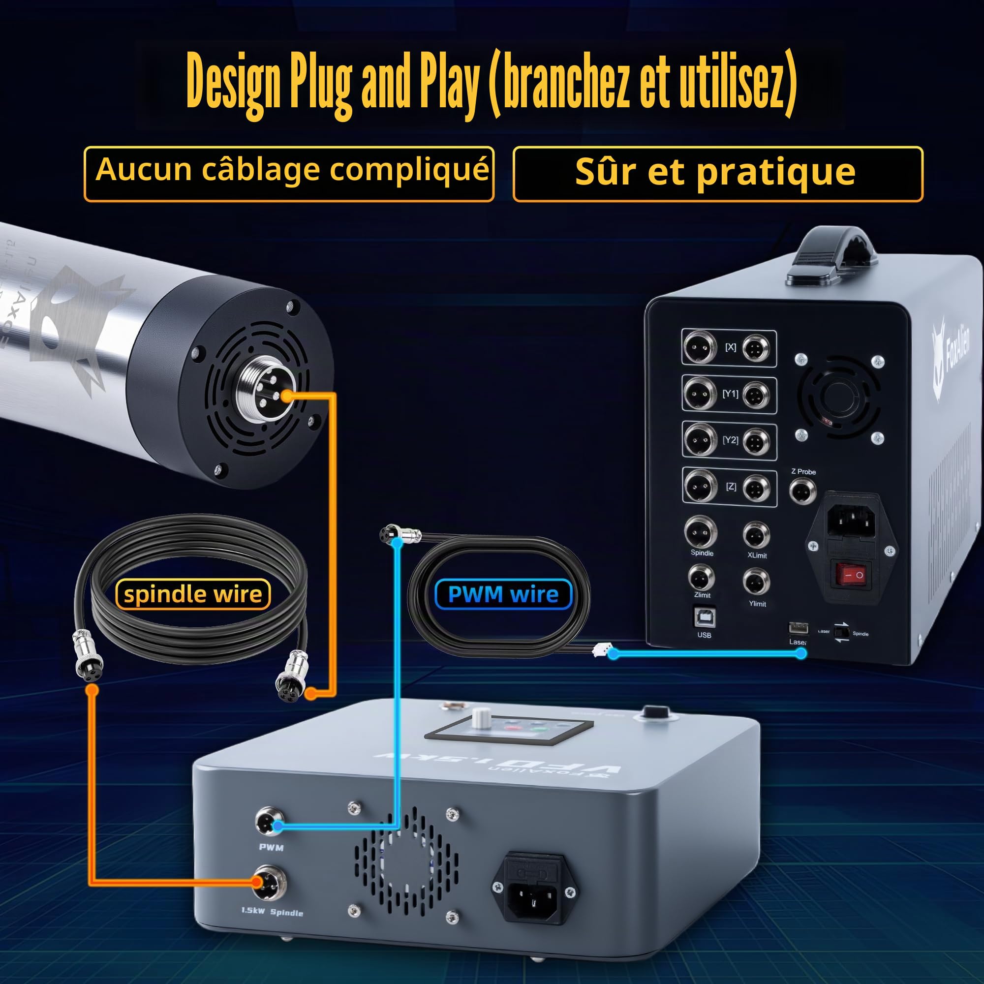 FoxAlien 1,5KW VFD Set de moteur CNC à refroidissement par air pour fraiseuses CNC, diamètre 65mm 24000 RPM pour gravure et découpe sur bois, acrylique, aluminium et cuivre