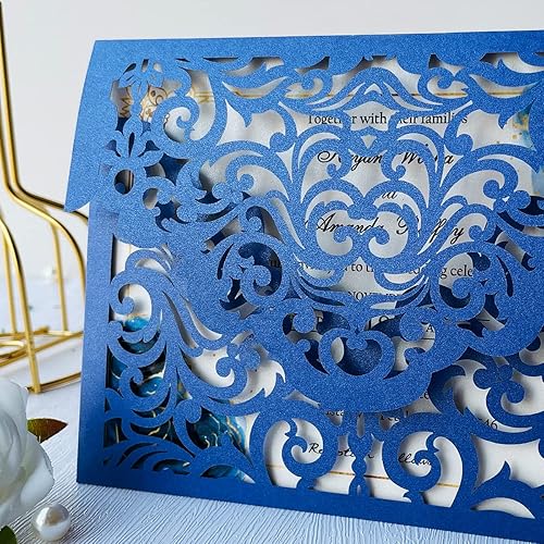 Miniatura 6 de KUCHYNEE 5.1 x 7.1 pulgadas, 50 unidades, personalizadas, color azul marino, corte láser, bolsillo de invitación de boda con sobres, kit de