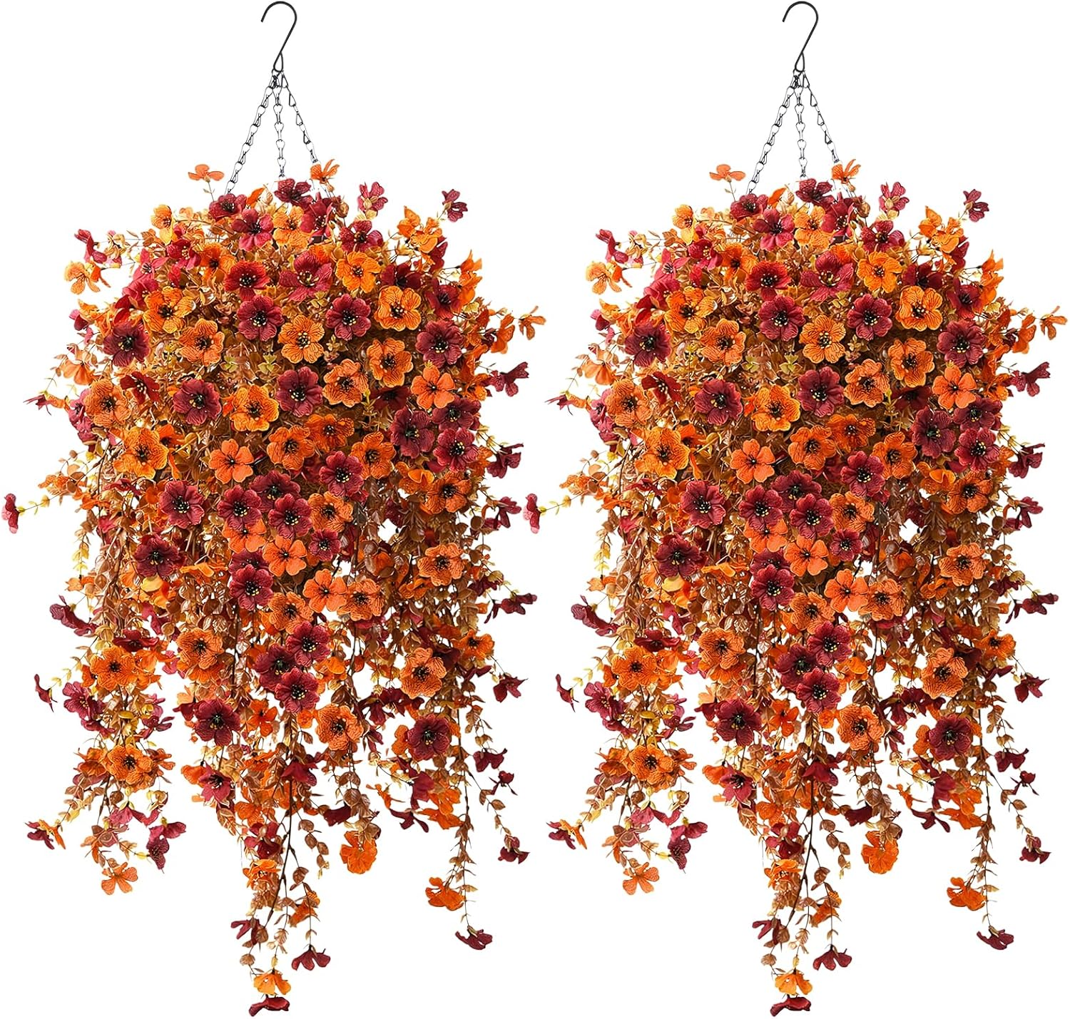 Giegxin 1 Set Artificial Outdoor Flowers with Hanging Basket,  Hanging Planters with 6 Pcs Fake UV Resistant Flowers for Spring Summer Front Porch Garden Patio Decor (Orange, Brown)