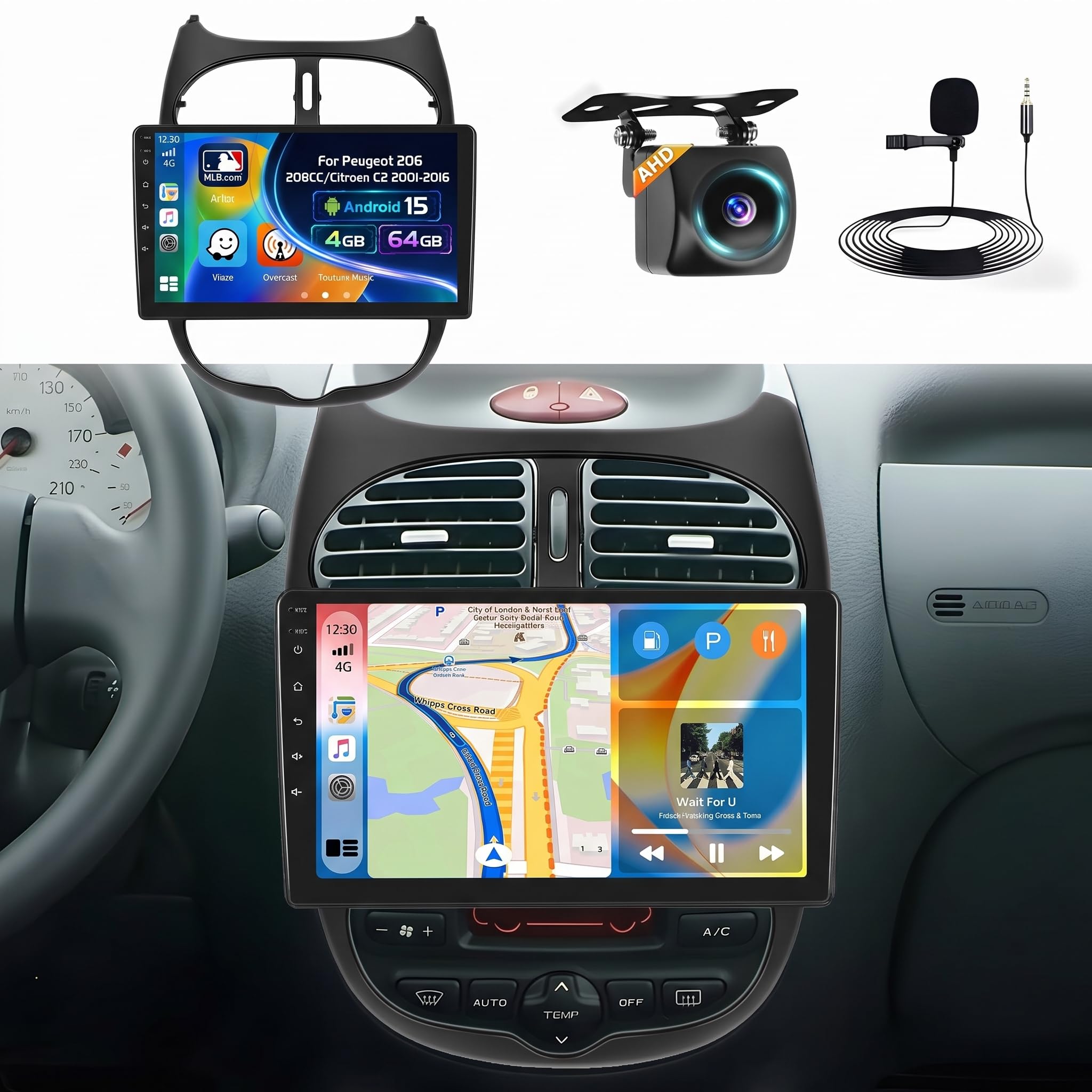 [4G+64G] Radio samochodowe Inefala z Androidem do Peugeota 206/206CC/Cirteona C2 2001-2016, bezprzewodowy CarPlay Android Auto, 9-calowy ekran dotykowy, samochodowe stereo Bluetooth z GPS, WiFi, DSP,