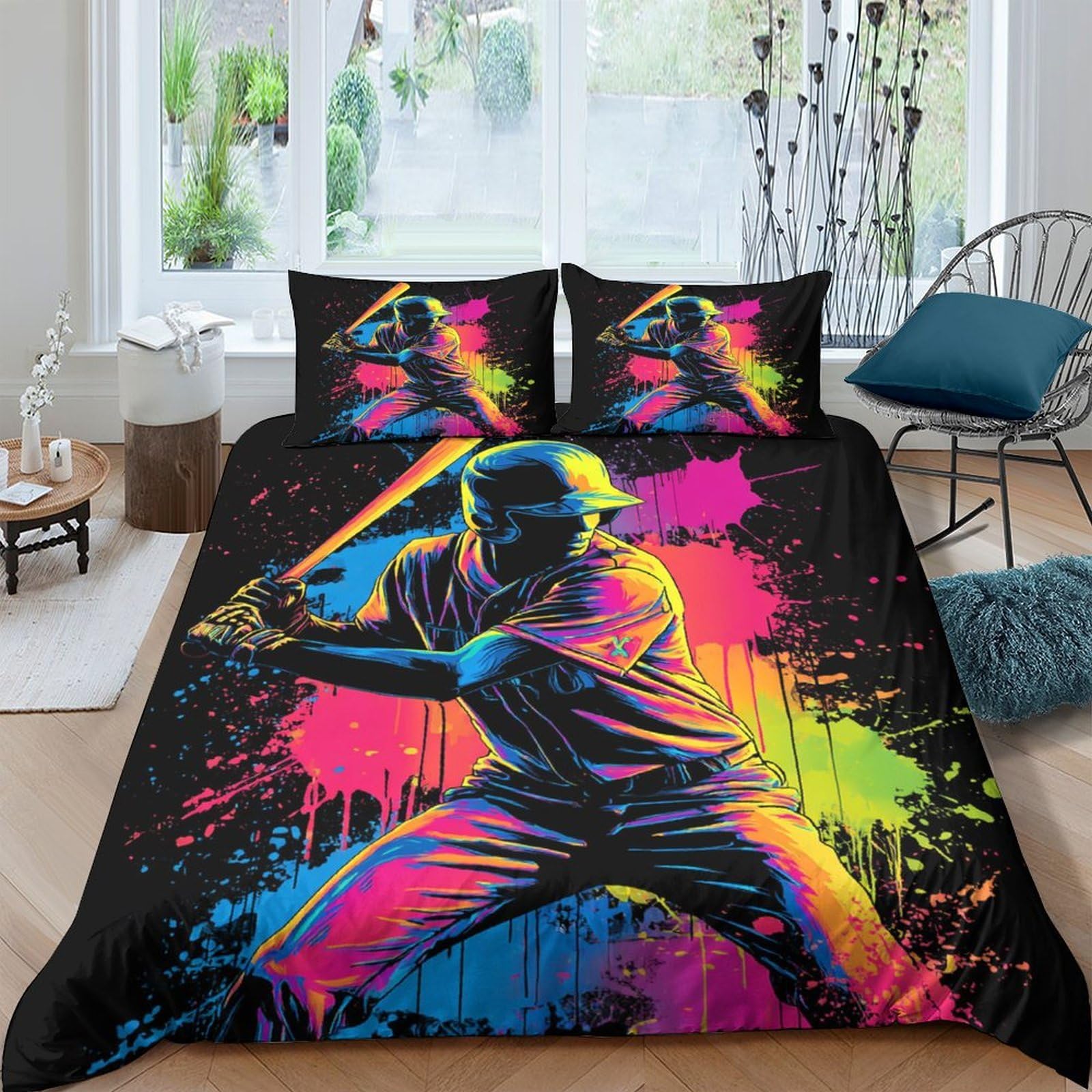 GPLZQXKJNH 3D Printed Baseball Player Duvet Cover Set Microfiber Soft Breathable Colourful Splash Quilt Cover with 2 Pillowcases for Bedroom Decor Single（135x200cm）