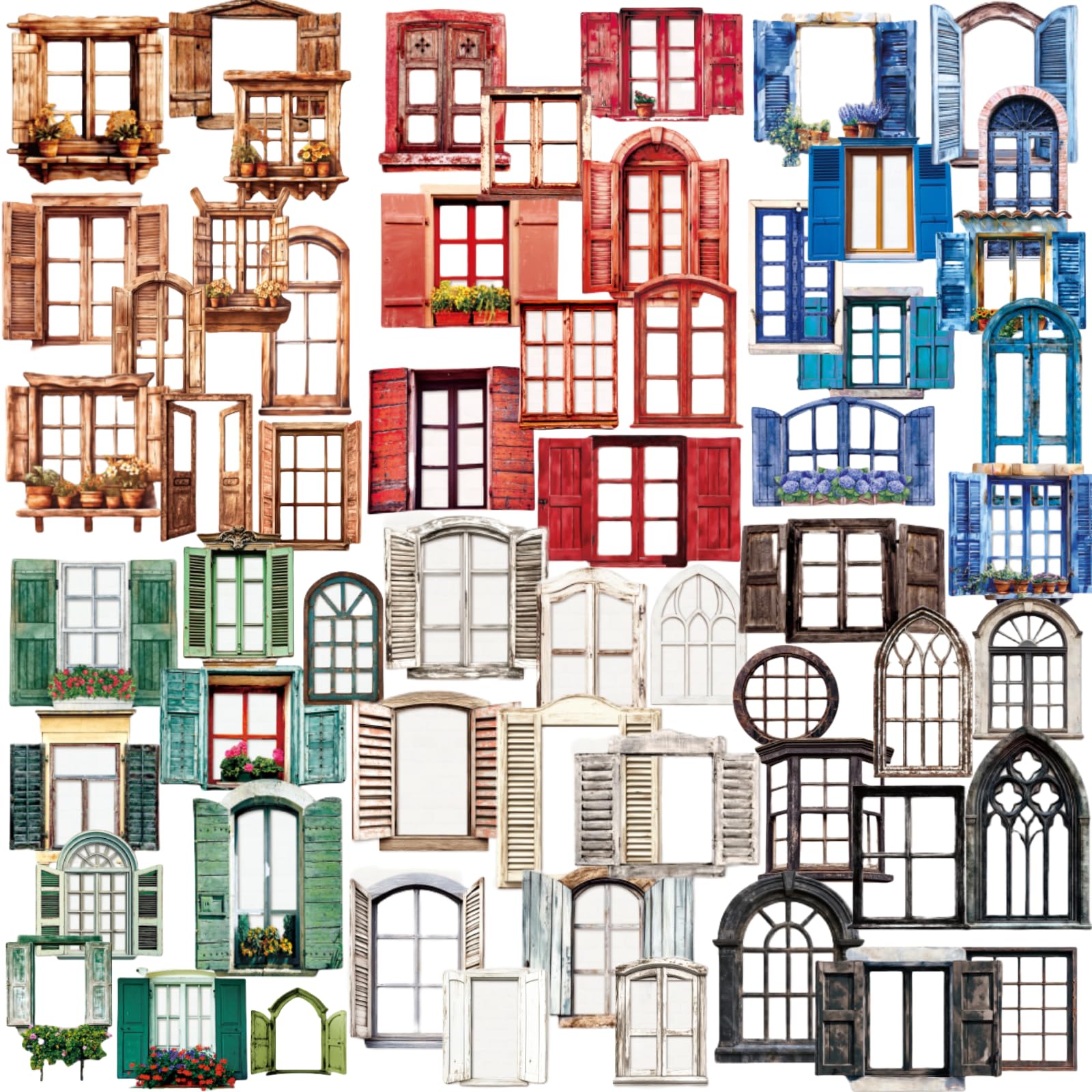 60 PCS Vintage Paper Window Frame Stickers, Aesthetic Decorative Window Cutouts Scrapbook Stickers for DIY Diary Junk Journal Handbook Album