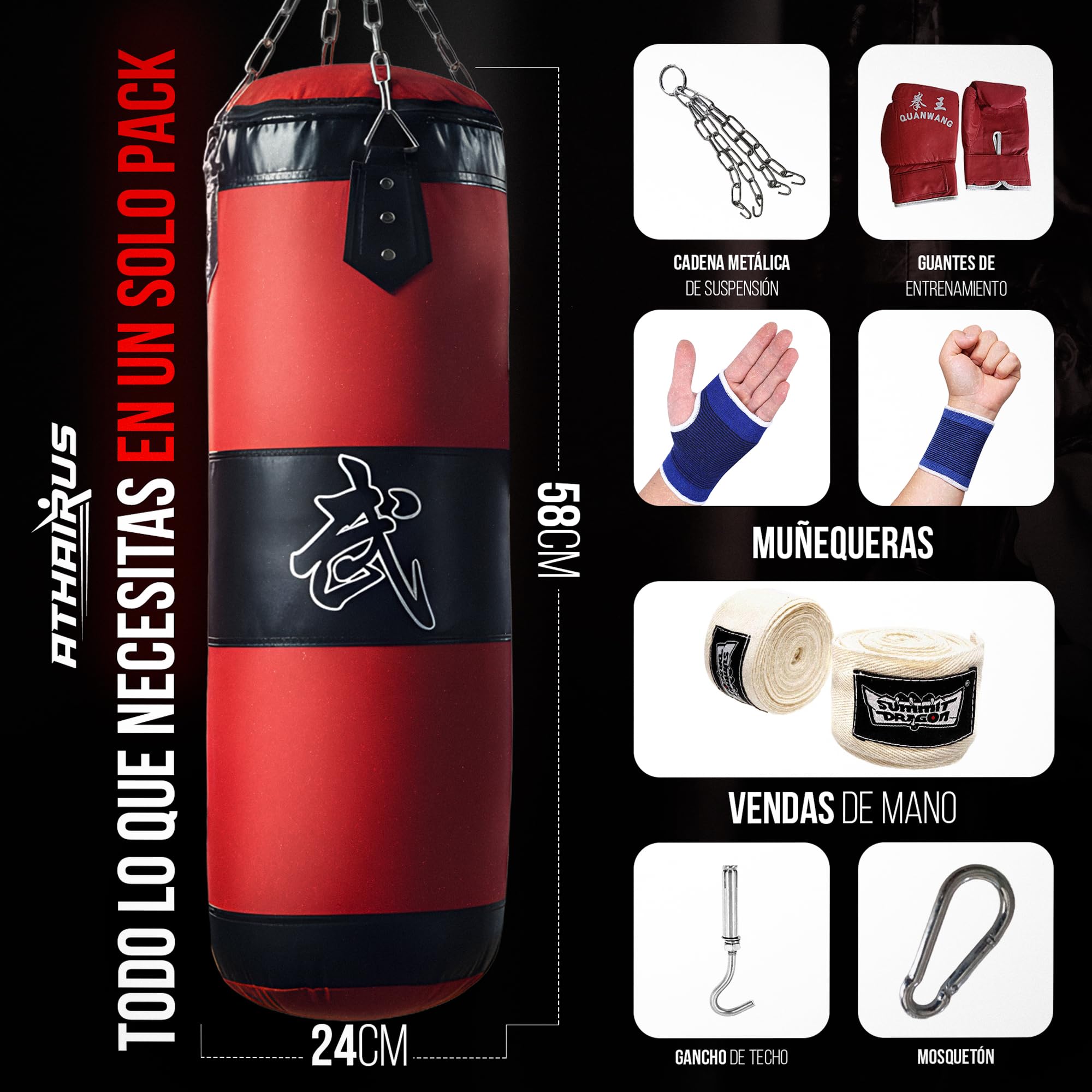 Sacos de Boxeo, Sin-Relleno para Adutos, Cadena, Saco de Boxeo Pesado, MMA, Extremadamente Resistente y Duradero, Kickboxing, Bolsa para Entrenamiento, Fitness, Artes Marciales, Ejercicio Fisico