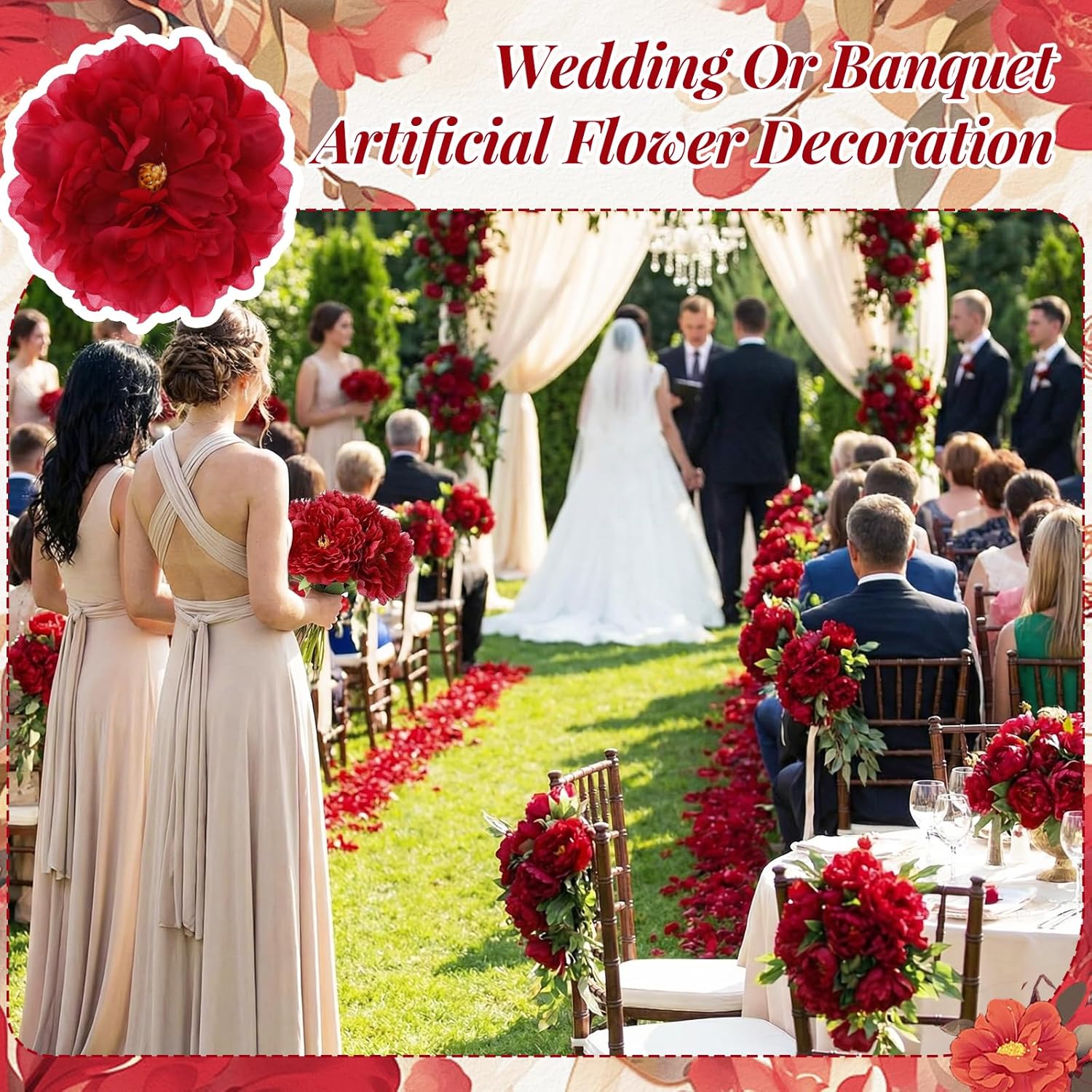 50 Pcs 5.5 Inches Peonies Artificial Flowers with Wire Branch Silk Realistic Blooming Fake Peonies Rose Bouquets for Wedding Table Centerpiece DIY Craft Party Home Decor (Red)