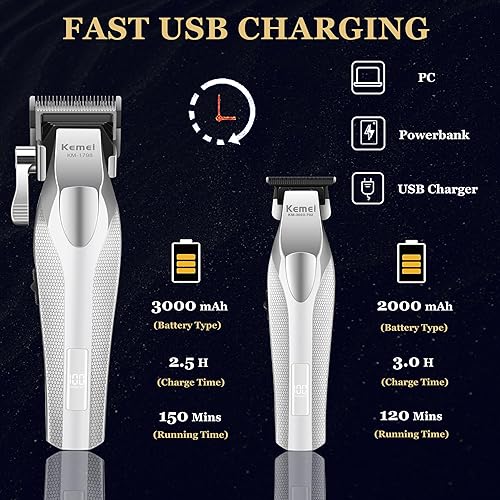 Miniatura 5 de KEMEI Cortapelos profesional para hombres, cortapelos inalámbricos con cuerpo de metal completo, recortadora de pelo DLC con pantalla LED, KM-1798,