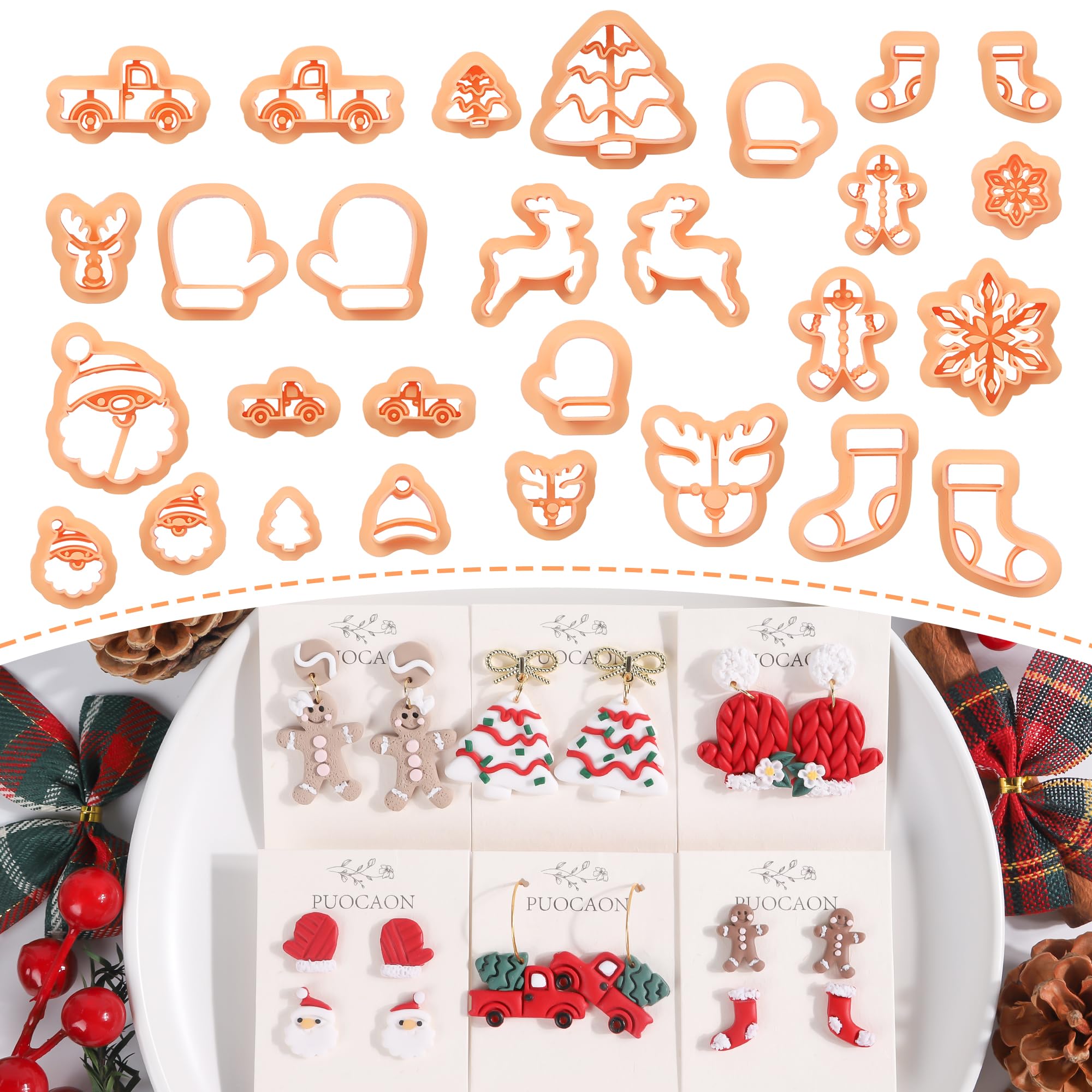 PuocaonChristmas Polymer Clay Cutters - 24 Winter Holiday Christmas Earrings Clay Cutters, Snowflake Reindeer Clay Cutters for Jewelry, Santa Claus Gingerbread Clay Earring Cutters Gloves Socks
