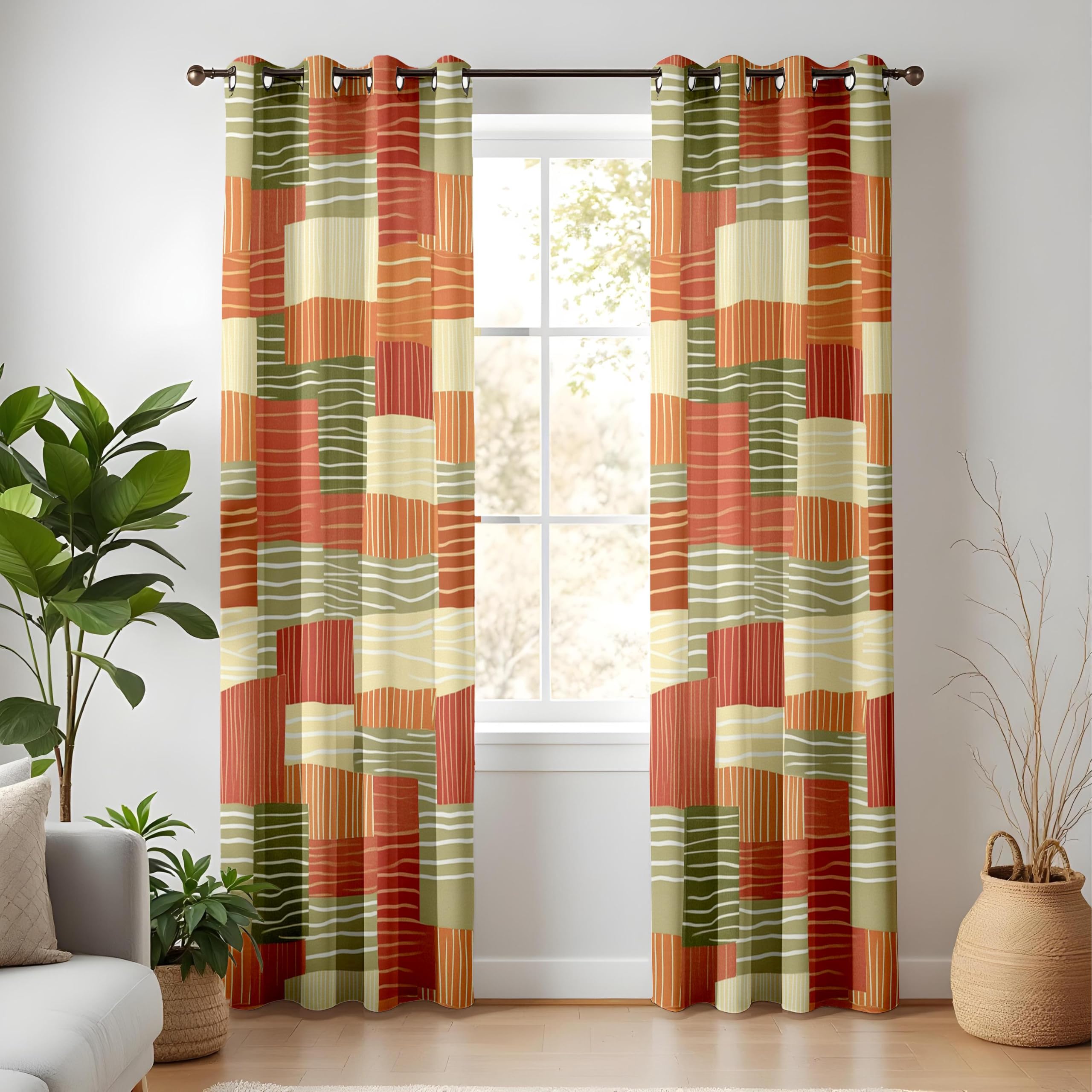 Rideaux occultants à Blocs de Couleur Vert Terracotta pour Chambre, Rideaux Patchwork Abstraits Style Milieu du siècle, Salon bohème rétro (L x H / 2 x 175 x 260 cm)
