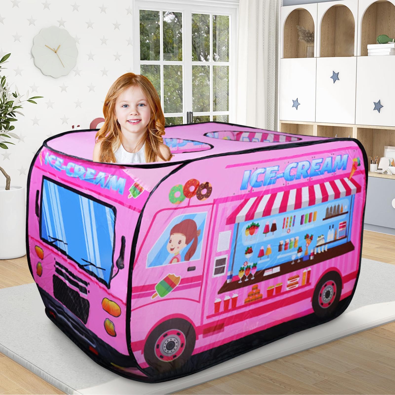 Tixiyu Tente de Jeu Pop-Up pour Camion de Crème Glacée, Maison de Jeu pour Enfants Durable et Spacieuse pour Les Activités Intérieures et Extérieures