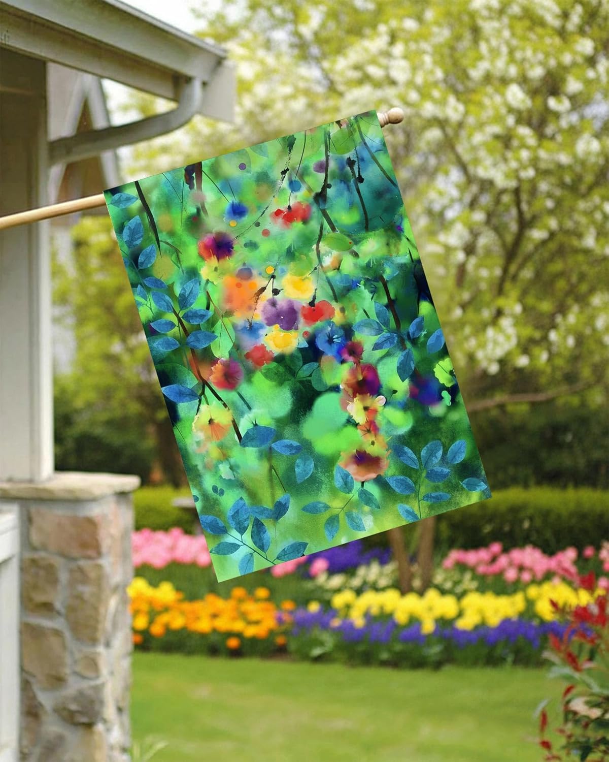 Watercolor Abstract Spring Summer Seasonal Green Floral Leaves Flowers House Flag 28" x 40" Double Sided Polyester Welcome Yard Garden Flag Banners for Patio Lawn Home Outdoor Decor - Image 3