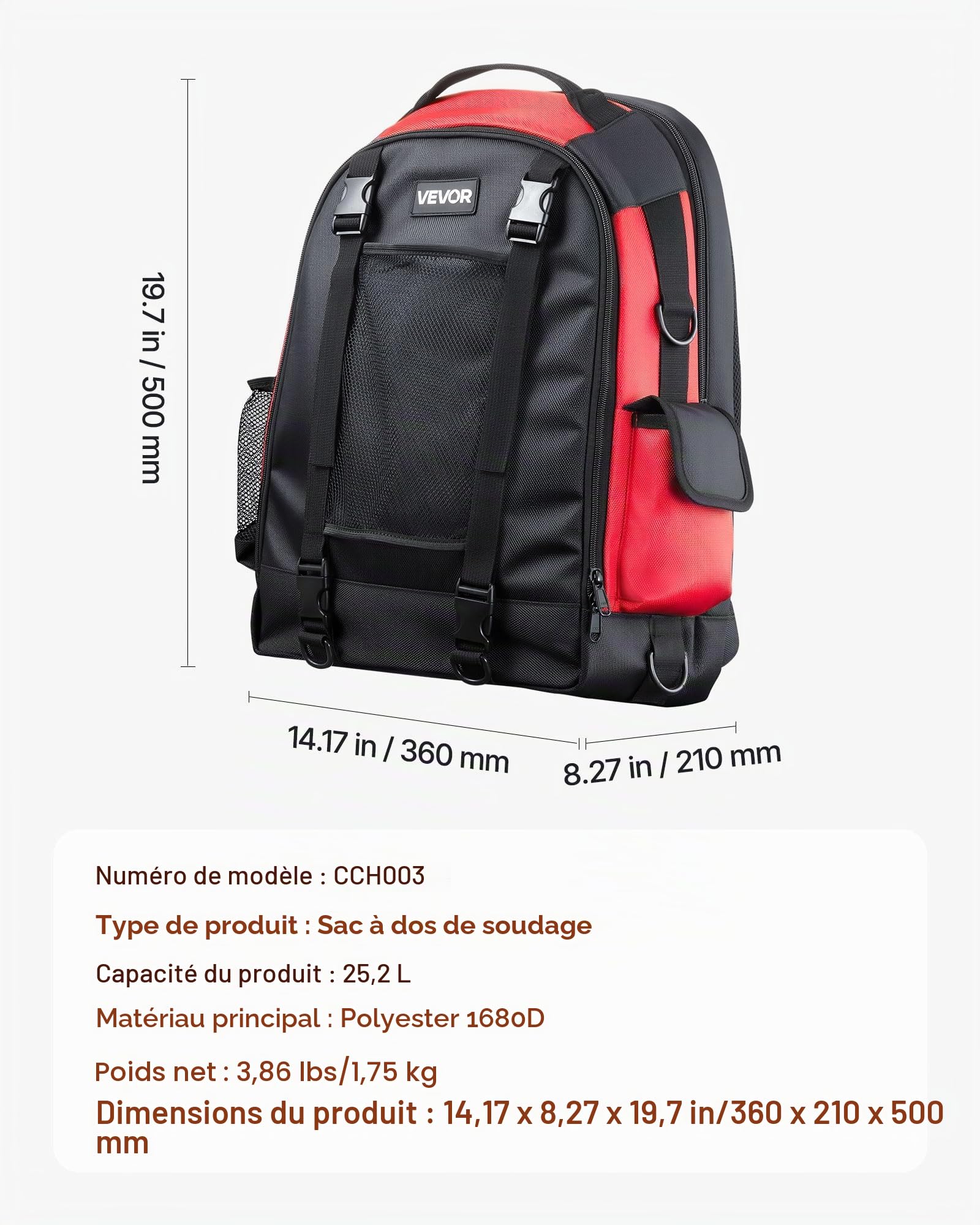 VEVOR Sac à Dos de Soudage pour Outils et Casque, Capacité 25,2 L, en Polyester 1680D Haute Densité, Sac de Rangement Polyvalent pour Équipement de Soudage, Soudeur, Camping, Randonnée, 36x21x50 cm
