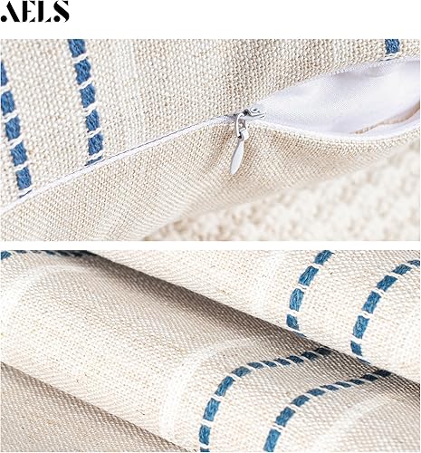 Miniatura 4 de AELS Juego de 2 fundas de almohada decorativas de lino de 18 x 18 pulgadas, fundas de almohada con textura bohemia, color beige con rayas blancas y