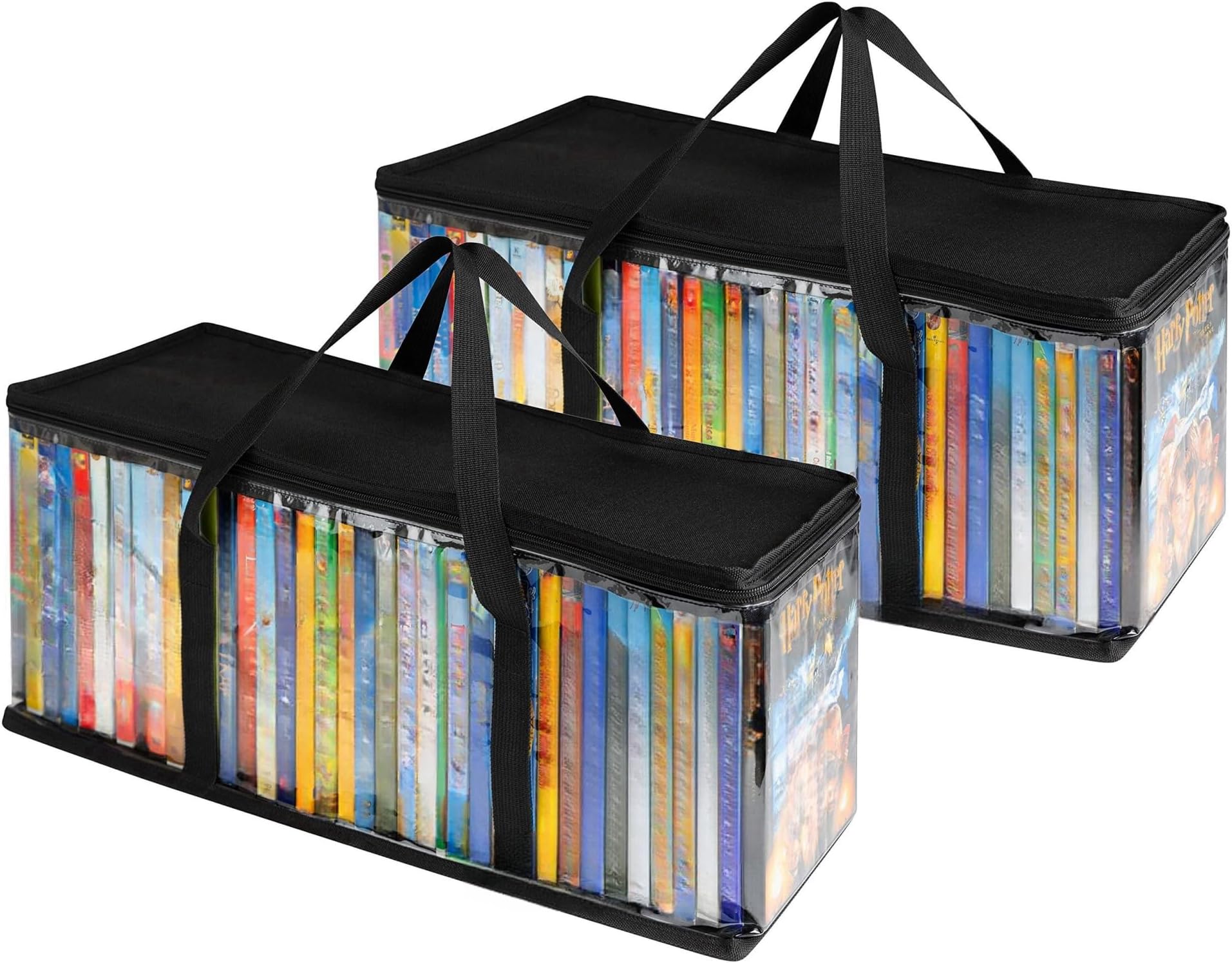 THE WHITE SHOPDVD 2PCS Storage Bags Media Organizer Bag for DVDs, CDs, Blu Ray Disc, Movie Cases, VHS Box, Video Game Disks, Clear Plastic Holders with Carrying Handles and Zipper
