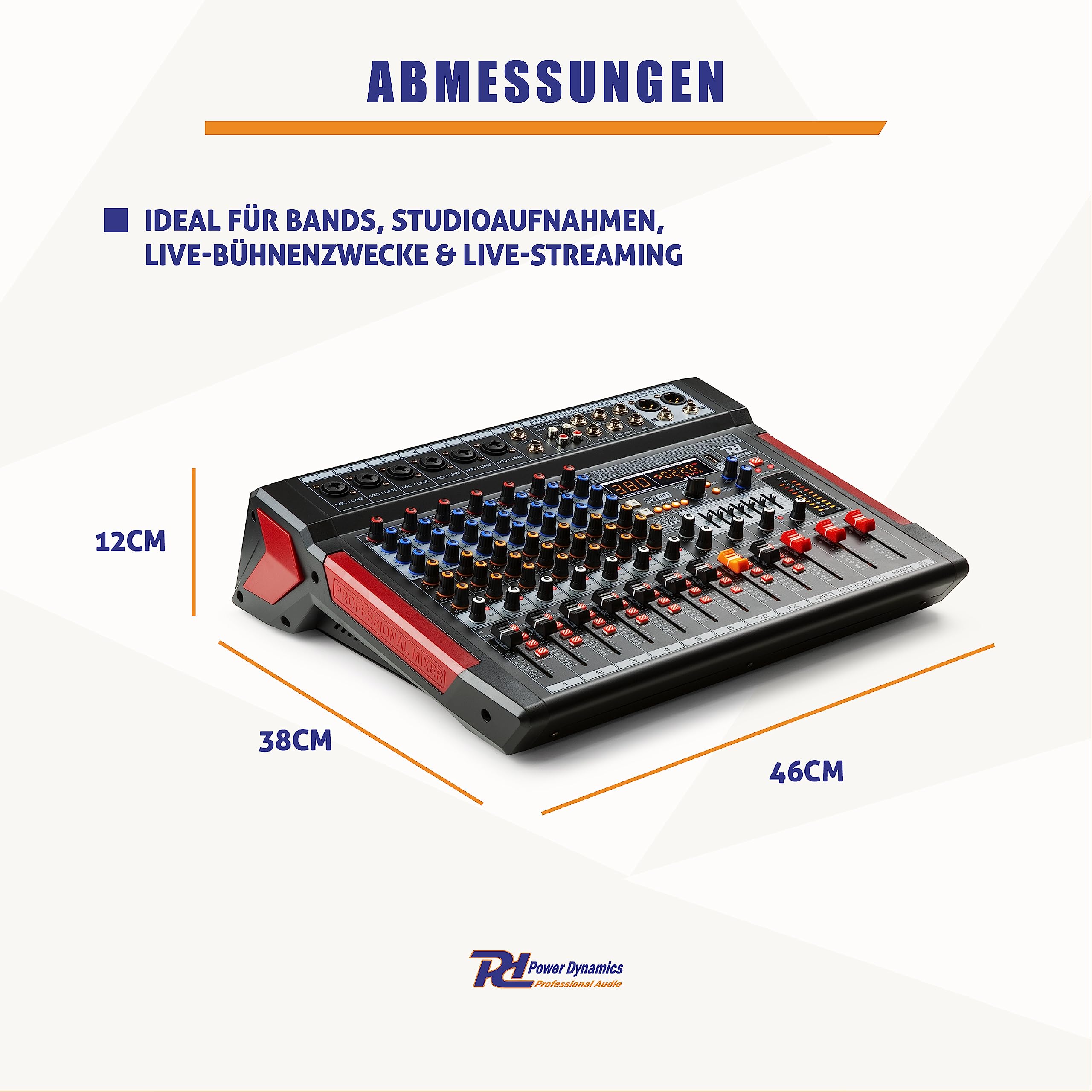 Power Dynamics PDM-T804 Analog Audio Mixer, 8 Kanal Mischpult Bluetooth, 380 DSP Effekte, REC, MP3, USB, +48V Phantomspeisung, XLR, Klinke, Band, DJ Mischer, Studio, Bühne, Podcast