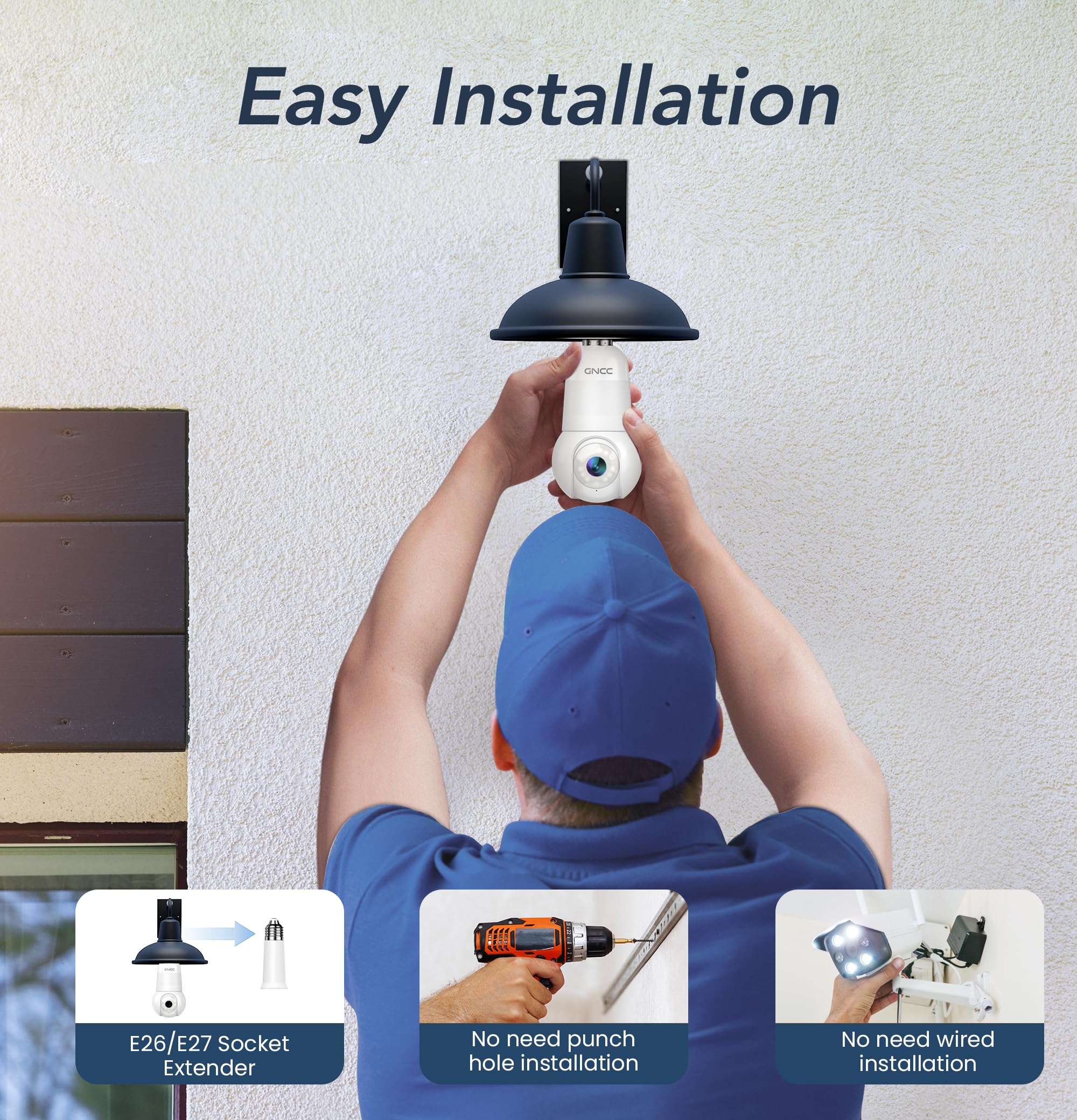 GNCC Telecamera 2K Lampadina WiFi per E27/E26, Compatibile con 2,4 GHz | Visione Notturna a Colori, Rilevamento Umano e Tracciamento, Installazione Facile, Notifiche Instant, Archiviazione Cloud