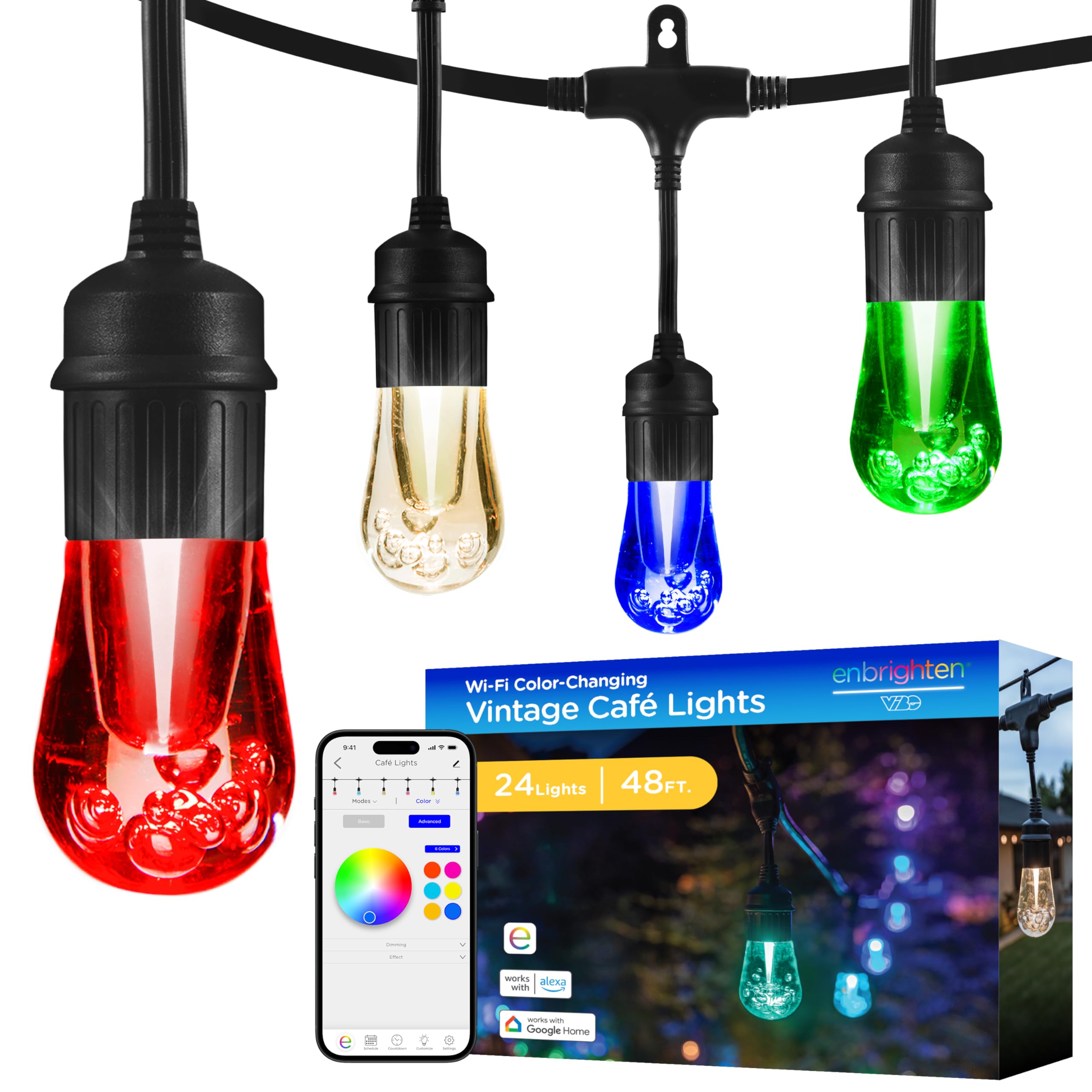 Enbrighten Vibe Vintage Outdoor String Lights Gen 2, 48ft, 24 RGBWIC Acrylic Bulbs, Weatherproof, Perfect for Gameday, Holidays, and More, Smart App Control, Compatible with Alexa, Google Home, 86128