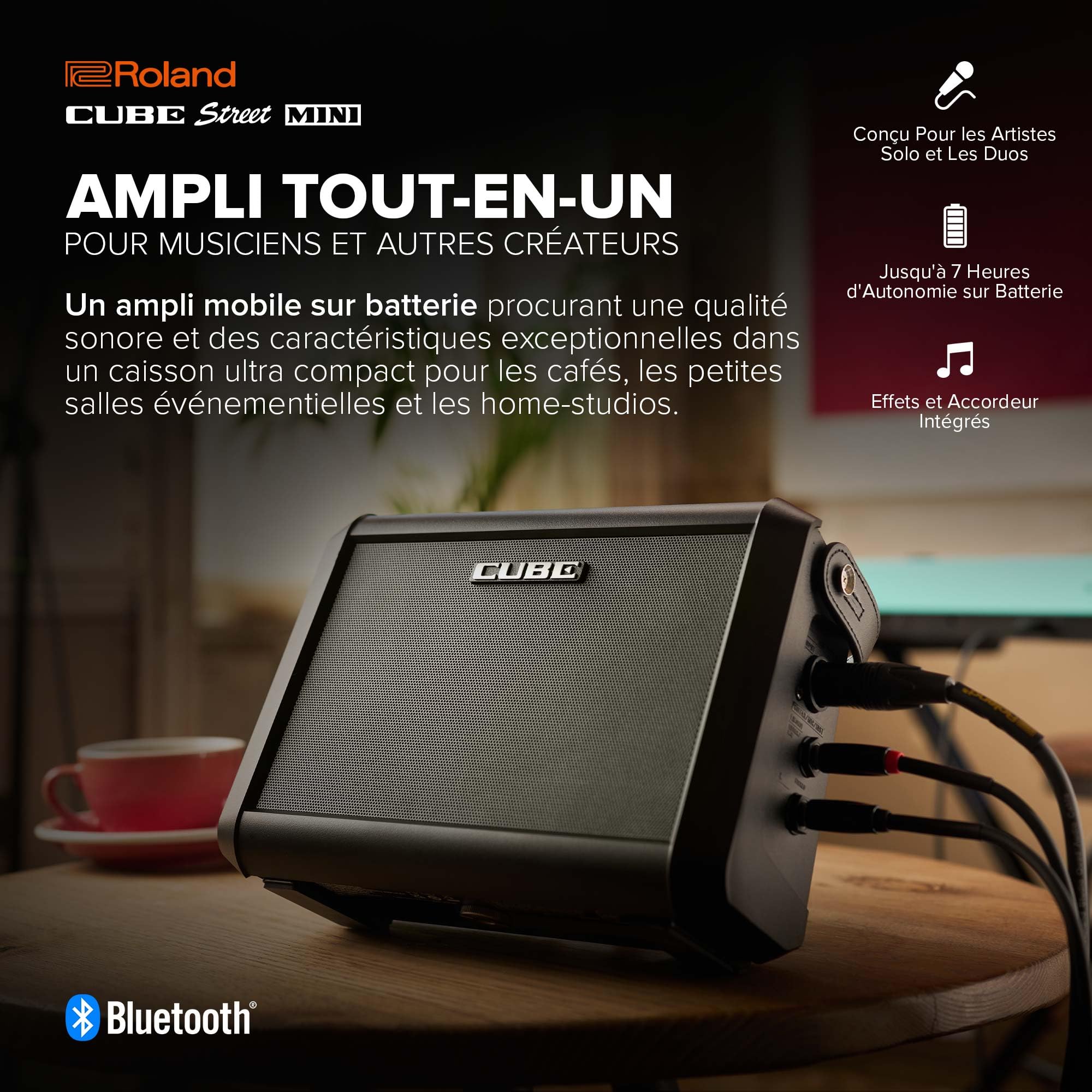 Roland Cube Street Mini | Ampli Ultra Compact | Son Exceptionnel | Idéal pour Les Petites scènes | Compatibles avec micros et Instruments | Jusqu'à 7 Heures d'autonomie sur Batterie | Effets intégrés
