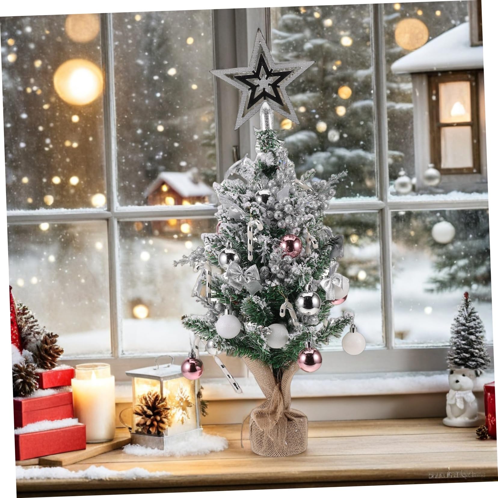 Árbol de Navidad de Mesa Pequeño Artificial con Base de Decoración Navideña para Escritorio Estantes y Portátil y Reutilizable Plata Sin Luz