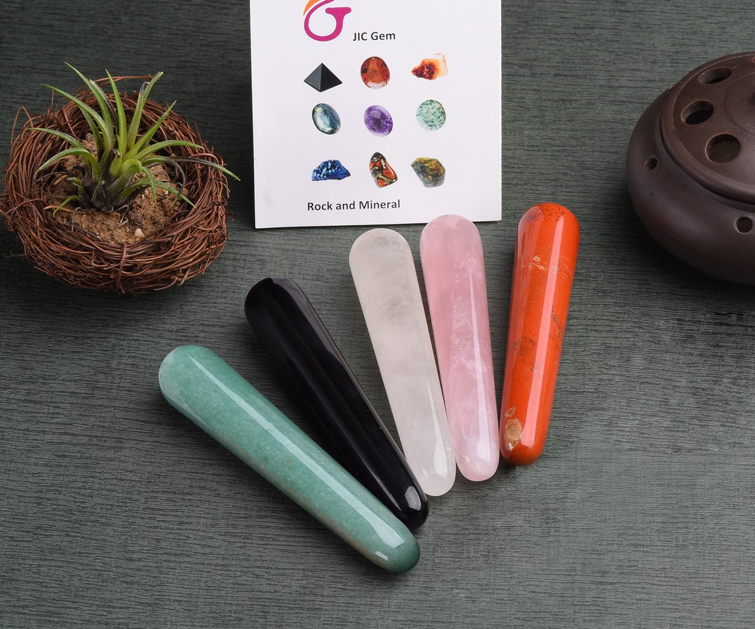 JIC Gem 5 Pcs Mix Natural Crystal Gua Sha Scraping Massage Tool Massage Wand for Face Acupuncture Therapy Stick Point Treatment Reiki Healing