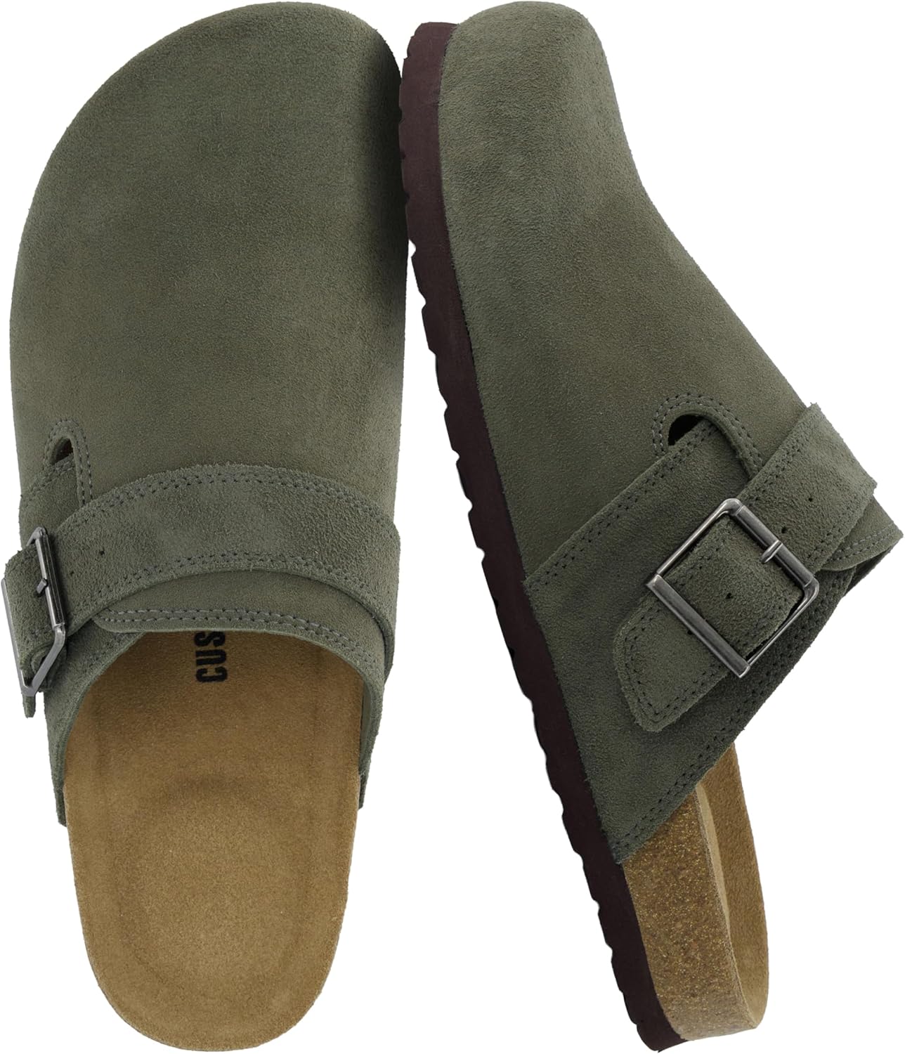 CUSHIONAIRE Hugo Genuine Leather Suede Clogs for Men – Comfortable Slip On Shoes with Adjustable Buckle, Closed Toe Mens Slides