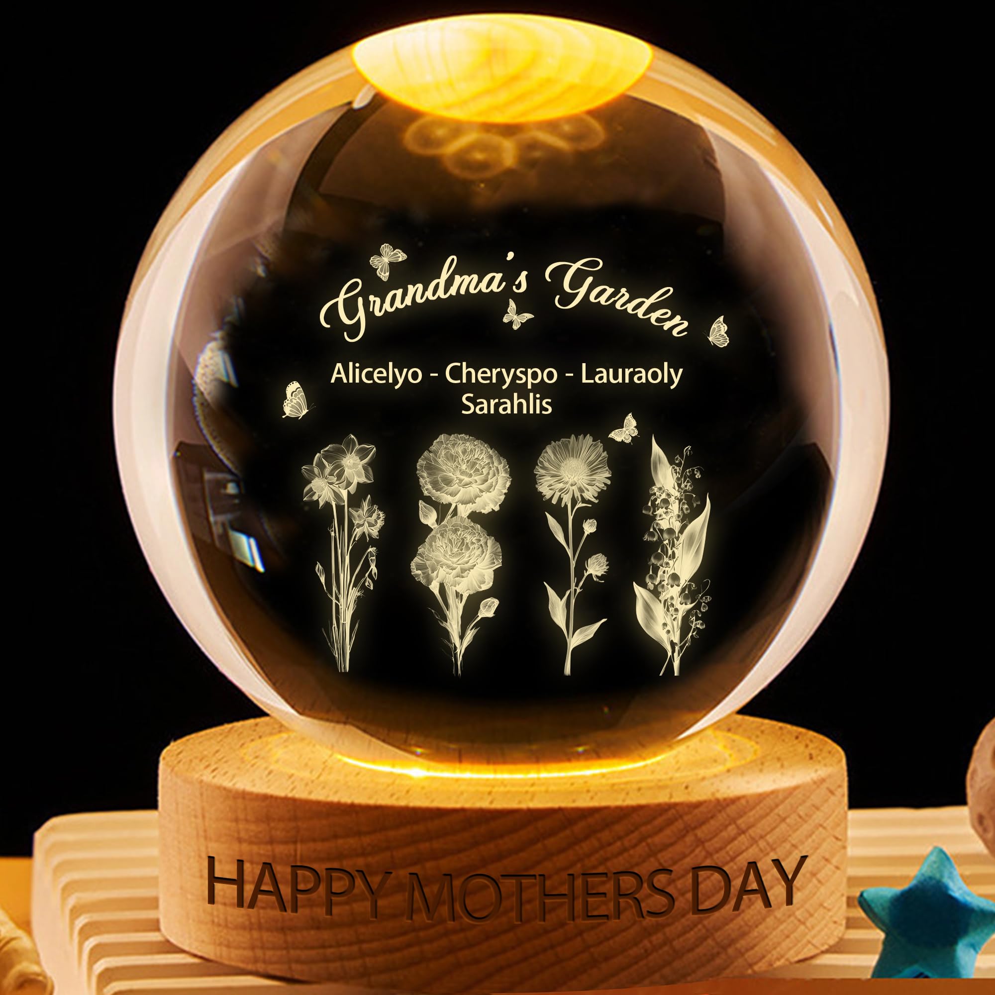 Custom Birth Month Flower Crystal Snow Globe with Names Personalized Grandma's Garden 3D Memory Crystal Ball Night Light with Wooden Base Bedroom Decor Gifts for Mom Grandma Her Wife Papa Dad
