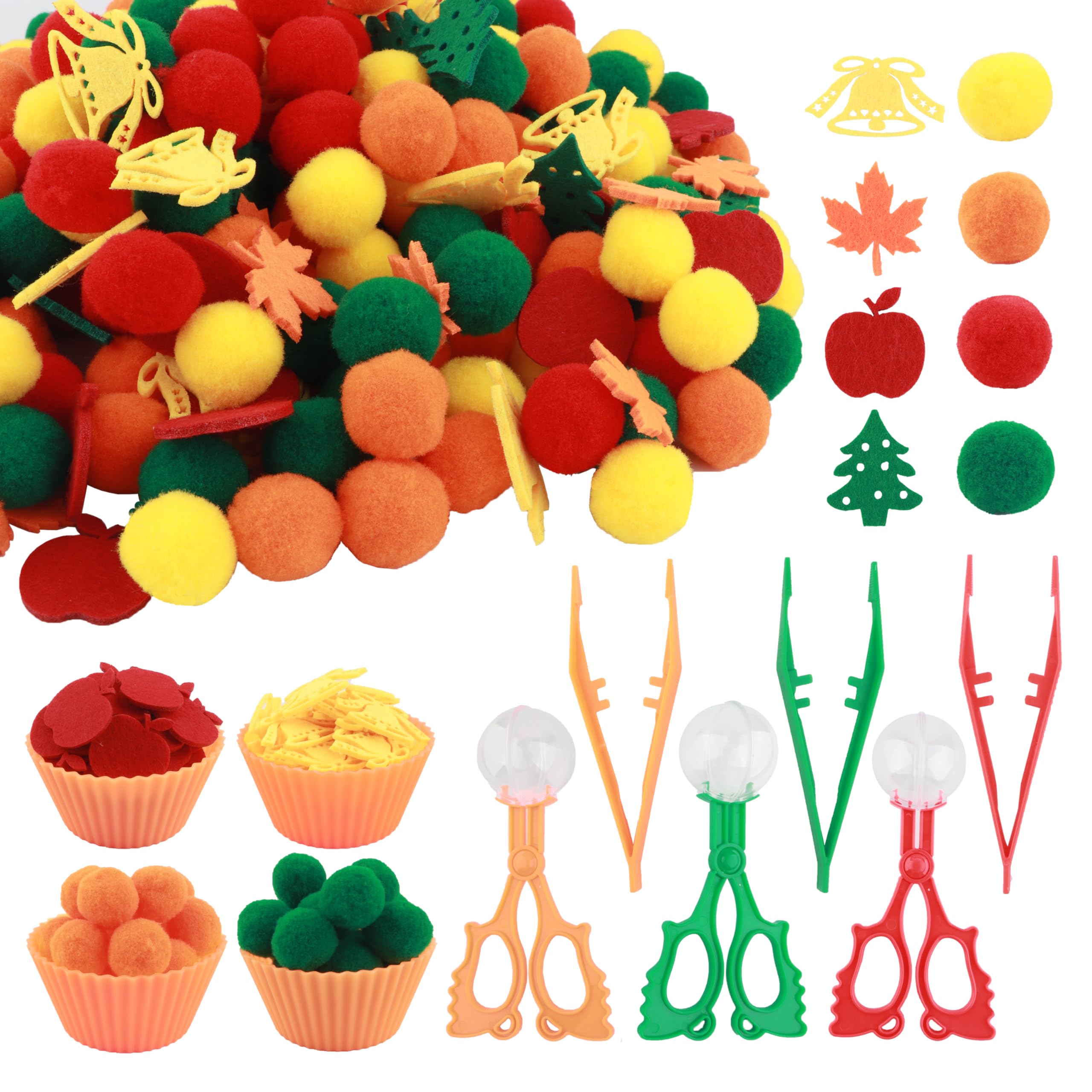 AOYITIDU Sensory Bin Filler,Kids Gifts,294pcs Counting Toys with Maple Leaves,Apples,Bells,Trees,Pom Poms and Sorting Bowls,Fine Motor Skills Toys for Early Learning for 3+ Years Old Boys and Girls