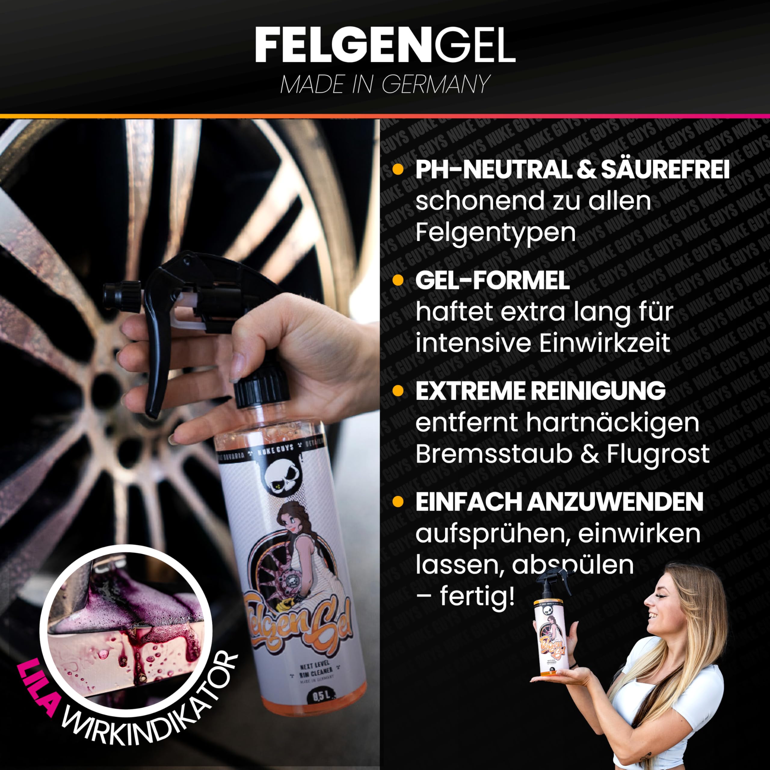 Nuke Guys Felgen Reinigungsset | Felgenreiniger 500ml + Mikrofaser Felgenbürste + Felgenversiegelung 100ml + Felgenpinsel | Auto Felgenpflege Set für strahlende Alufelgen