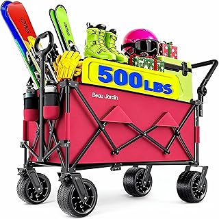 BEAU JARDIN Folding Push & Pull Beach Wagon 500 lbs Collapsible Foldable Wagons with Push Handle All Terrain Wheels Grocery Utility Camping Skiing Ice Fishing Sports Garden Wagon Cart Christmas Red