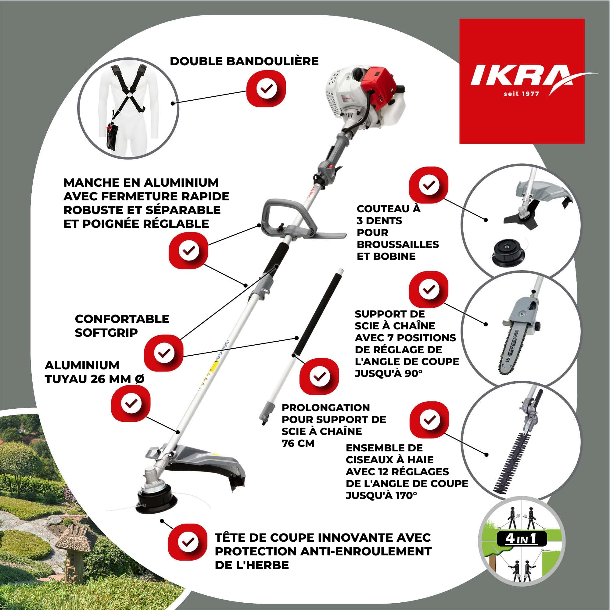 IKRA Multitool IBKH 33-1 à Essence 4en1, 32,6 cm³, 1,0 KW, avec bandoulière