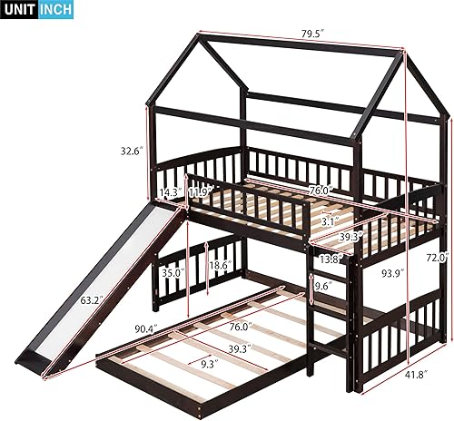 Miniatura 2 de BIADNBZ Litera en forma de L, camas de tamaño individual sobre individual con tobogán y techo, marco de litera de piso de madera, diseño que ahorra