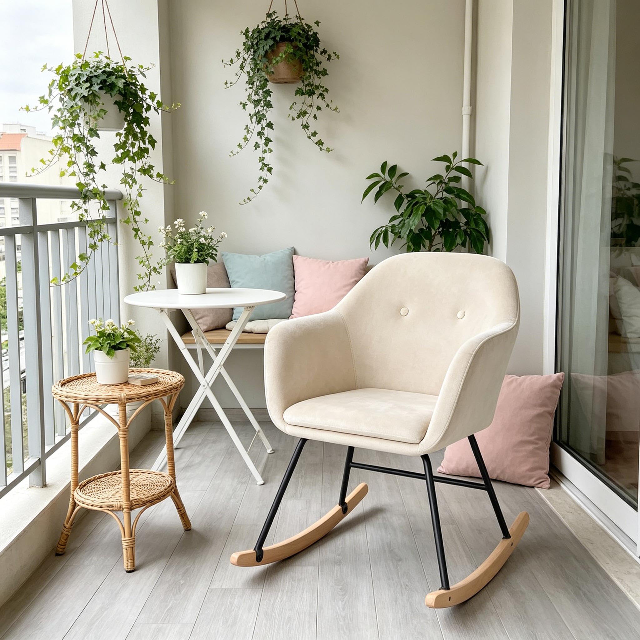 Fotel bujany, relaksacyjny, bujany z wysokim oparciem, tapicerowany aksamitny fotel bujany do salonu, ergonomiczny fotel do czytania z podłokietnikami, obciążenie 100 kg, kremowo-biały