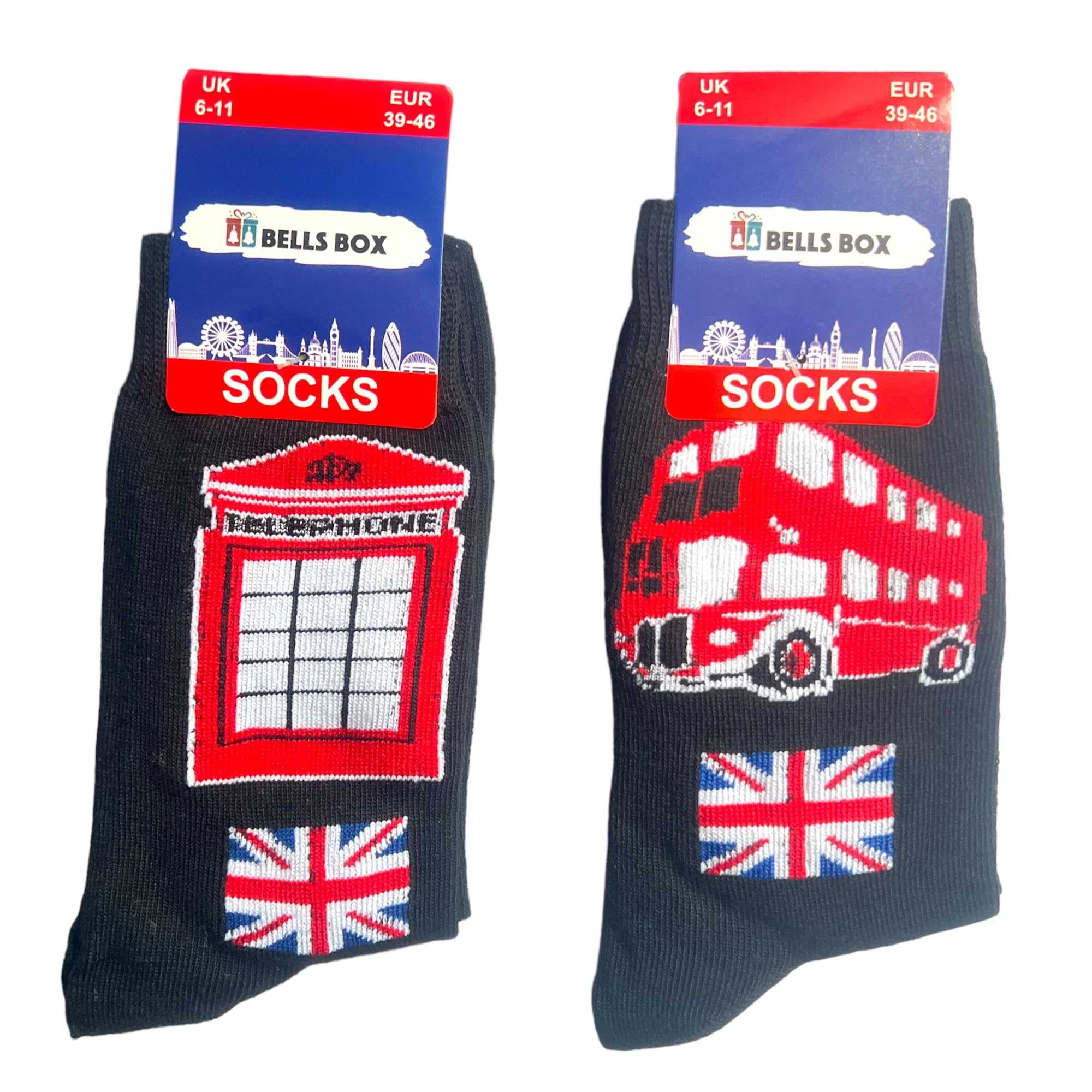 Souvenirs 2 Pairs Men's London Socks – UK Size 6–11 – Black Crew Socks Featuring Red Bus & Telephone Box Designs – Union Jack British Gift