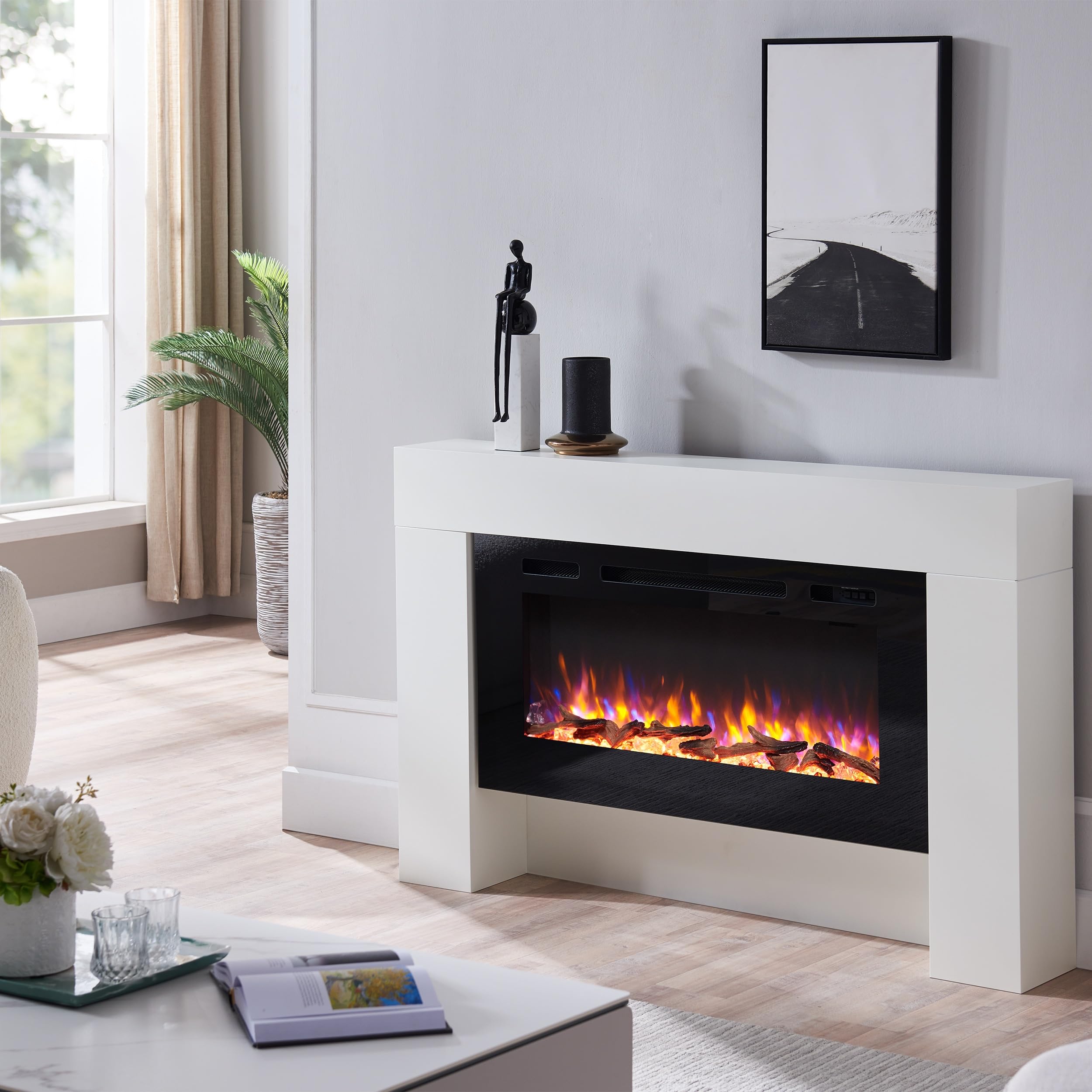 BALDERIA Elektrokamin Herkules, Elektrischer Standkkamin, Weiß | 3D-Flammeneffekt, Elektro Heizung 1000/2000W, LED-Beleuchtung, Fernbedienung, Timer, Startsteuerung, Thermostat