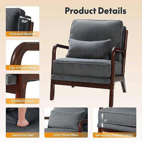 Miniatura 4 de FLEXISPOT AC1 - Silla decorativa, sillón moderno de mediados de siglo con marco de madera, cómoda silla de lectura tapizada de pana con almohada